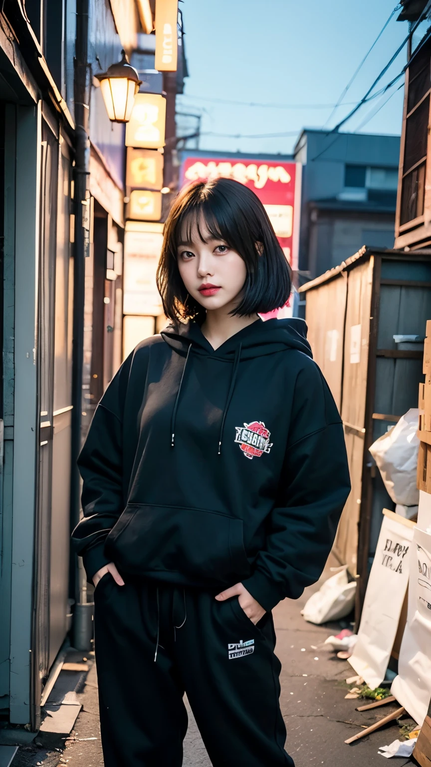18-year-old,Korean women,holding a small brown glass bottle,(((Dirty neon street at night))),(((Frowning,カメラをGlaring))),(Very fine eye), (((Wearing a long black hoodie,Wearing baggy pants))),(((Collapsing Building))),(((old buildings))),((photograph)),((A woman near a garbage dump)),(((Fabric Shading))), (((highest quality))), (((masterpiece))) strong girl, ((((Realistic)))), I have a card,Black Hair, chic hairstyle, ((With bangs,Straight medium bob cut, nice hair)), Light makeup,Red eyes, (((I'm not wearing lipstick))), (nice, strong), (((Strong night atmosphere))), Centered Images, Looking at the camera, Elegant colors,Realistic Skin,Realistic texture,8k,whole body,Pale skin, (((Dirty garbage dump))),A huge amount of trash,Red iris,Expressionless,Glaring,Perfect Face,(((Big eyes))),She is wearing wide black baggy pants,Mouth closed, portrait of aespaのウィンター,She is wearing black streetwear, Woman in black streetwear, 黒いハイテクな服を着た女性のphotograph, Girl wearing black hoodie, Cyberpunk Streetwear, Cyberpunk Streetwear street fashion e-girl,