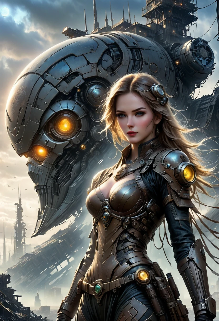 Future cyberpunk mechanical girl wearing a future gas mask walking through the destroyed future city,Silver Mechanical Girl,Mechanical joints,There are many rusty structures in the air,Destroyed large radar,Abandoned space station base, scenic Dystopian environment, Dystopian environment, Industrial science fiction, Industrial science fiction, Industrial science fiction, Steampunk space station base background, Dystopian digital concept art, Steampunk city, post-apocalyptic factory, Steampunk ruins of the future, Industrial science fiction, Steampunk concept art, Dystopian alien landscape, In a steampunk cityscape, Dystopian Landscape