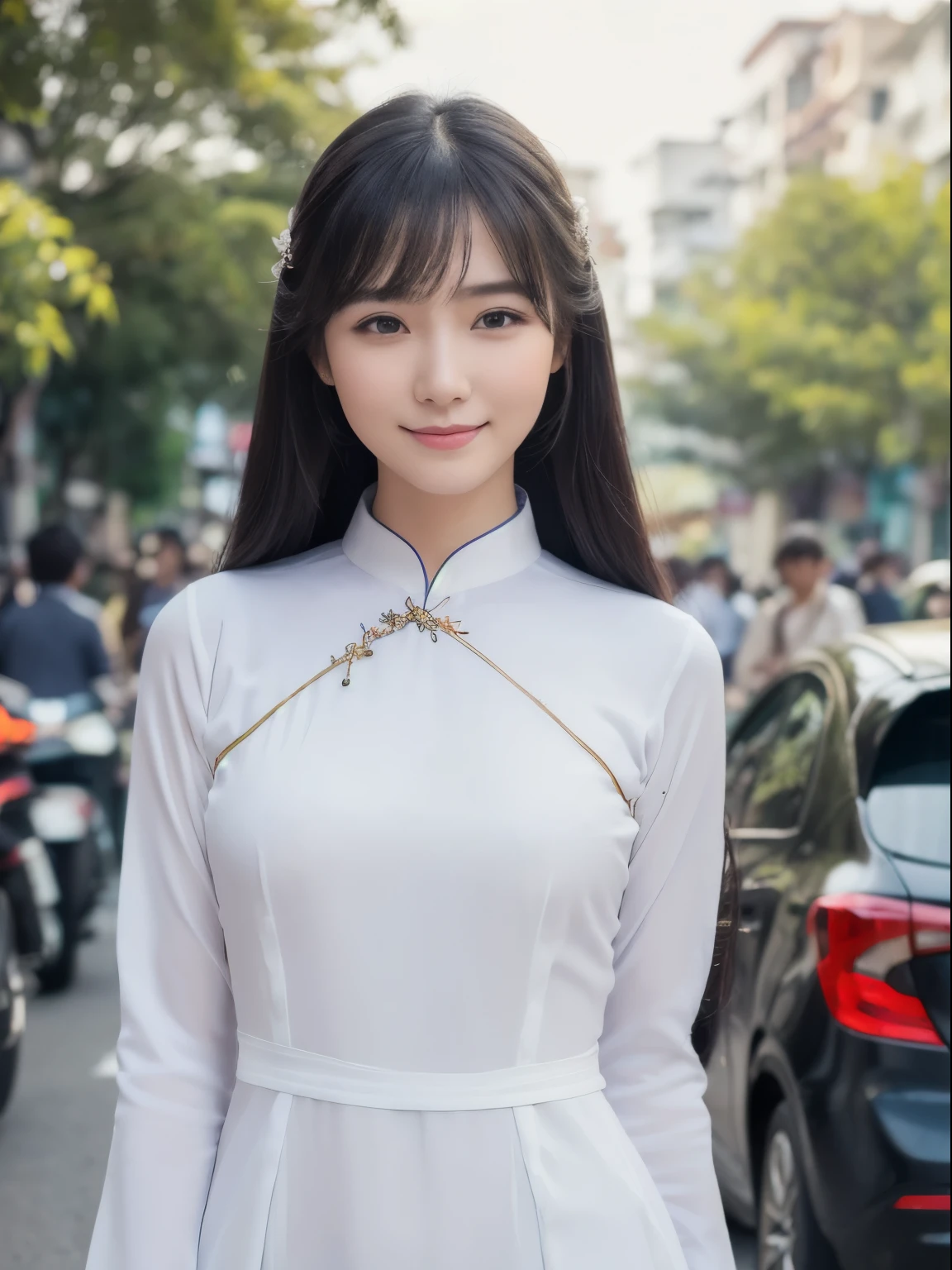 Best Quality, (Realistic, Photorealistic:1.37), ((solo)), 8K quality, Very delicate and beautiful, wonderful, Official art with attention to detail, Ridiculous, Incredibly ridiculous, Huge file sizes, Ultra-detailed, Very detailed, (cute), (detailed girl), Very detailed目と顔, Detailed and beautiful eyes, light makeup,, (The perfect woman), ((Slender body), (((whole body))), ((Frame your head)), ((pure white ao dai)), Smiling Kindly, (Long black hair), Streets of Vietnam, 18-year-old,