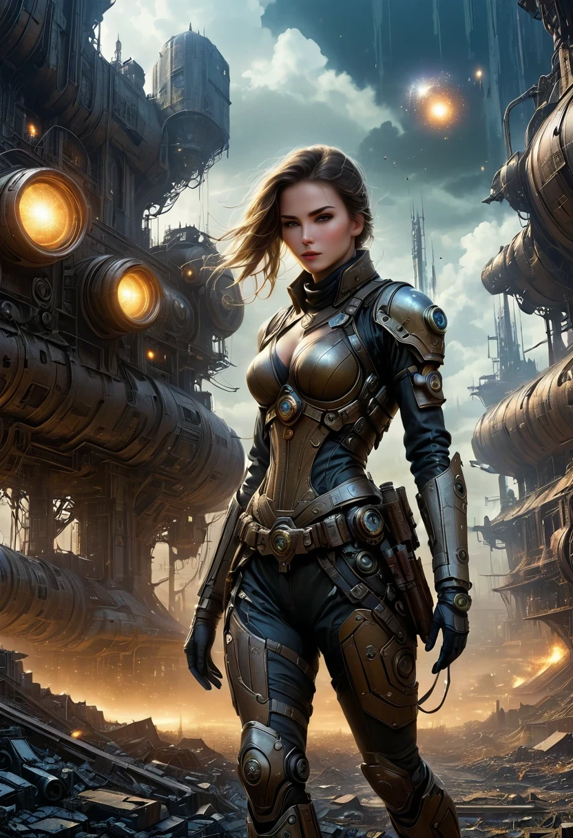a stunningly detailed and realistic steampunk military woman, beautiful facial features, piercing eyes, full lips, elegant military uniform, commanding an army of futuristic cyborg soldiers and mythological fantasy creatures on a surreal battlefield, intricate mechanical details, vivid colors, dramatic lighting, cinematic composition, masterfully rendered, 8k, ultra-detailed, photorealistic, dynamic, dramatic