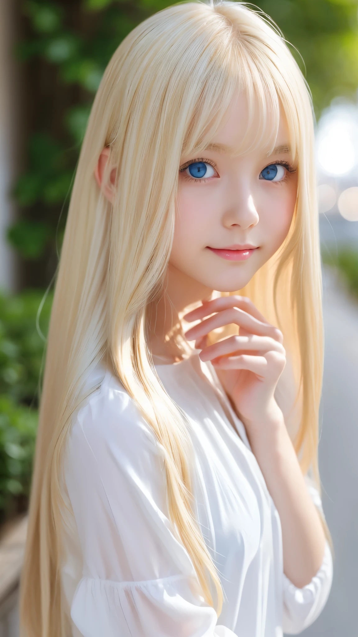 Shining, clear, white skin、Her windblown blonde hair hides her beautiful face、huge、28 years old cute sexy little beautiful face、Beautiful straight hair that stands out、growing up, Sparkling light blue eyes、long silky bangs that cover cute eyes, Sexy and cute young woman with super long hair hiding her sexy face、Super long, natural platinum blonde shiny hair