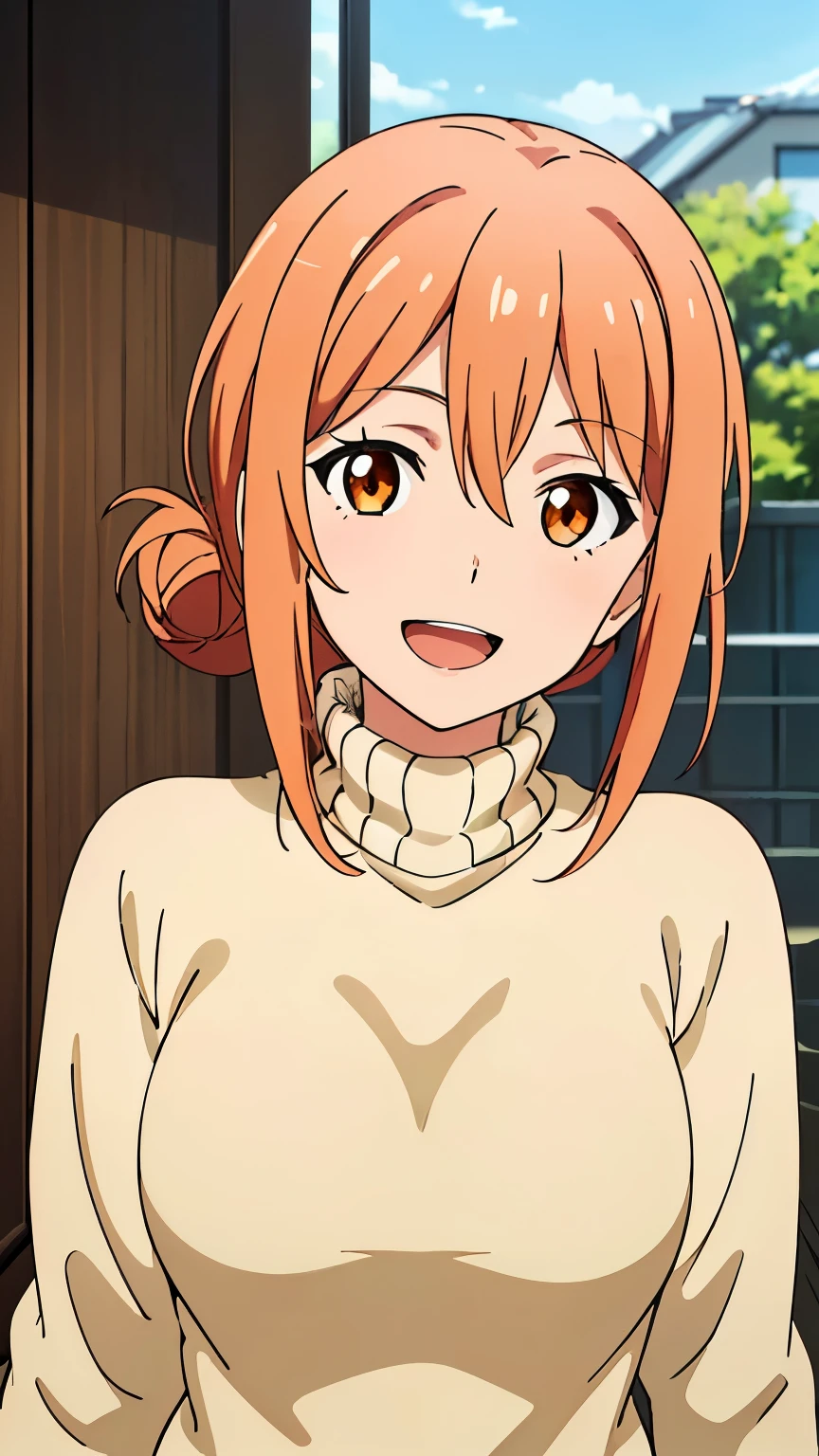 (Top Quality, 8K, Masterpiece: 1.2), Super Detailed, Illustration, Yuigahama Yui's Mother, Orange Eyes, Open Mouth, Smile, Between the Eyes, 1 Girl, Bun Hair, Shiny Hair , focus only, looking at the viewer, (sweater, turtleneck), in the center of the image, cowboy shot