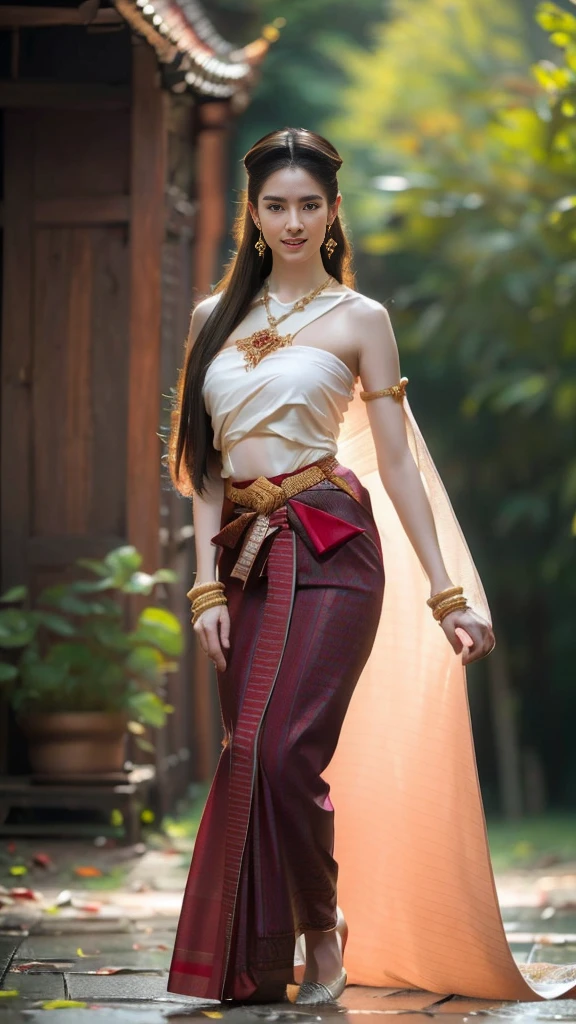 beautiful girl ,Thai women&#39;warrior, walking at thai measure, dynamic poses, Thai Chat Set, long hair,black eyes, Strapless shirt, abdominal muscles, thin body, rounded chest, (big breast:1.3), rift, small thighs, Long legs, morning sun, staring at the audience, (sexy poses), ((face details)), Double eyelids, that is finished, realistic, Masterpiece, qualityสูงสุด, lens flare, shade, old measure, measure, [[Chromatic aberration]], HDR, high contrast, Covered in a long thin sash, Beautiful figure, (realistic:1.3), Crazy details, quality, (Masterpiece:1.2), (ภาพrealistic:1.2), (qualityที่ดีที่สุด), (Beautiful skin:1.3), (There are complicated details...), Ray tracing, ((Full body)), ((ผู้หญิง 1 person)), (((1 person))), Age 18-20 years, ((long hair, for a very long time., ปล่อยlong hair)), smile, red tank top, white coat, red striped skirt., Contrasting colors with dresses and skirts..., Show off your pretty shoulders..., skirt pattern, earring, necklace, Javanese jewelry, (blurred background), riftของเต้านม, big breast, Beautiful breasts, Big breast augmentation, Long legs, white skin, charming, ultimate beauty