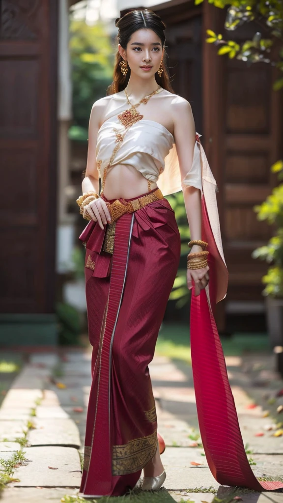 beautiful girl ,Thai women&#39;warrior, walking at thai measure, dynamic poses, Thai Chat Set, long hair,black eyes, Strapless shirt, abdominal muscles, thin body, rounded chest, (big breast:1.3), rift, small thighs, Long legs, morning sun, staring at the audience, (sexy poses), ((face details)), Double eyelids, that is finished, realistic, Masterpiece, qualityสูงสุด, lens flare, shade, old measure, measure, [[Chromatic aberration]], HDR, high contrast, Covered in a long thin sash, Beautiful figure, (realistic:1.3), Crazy details, quality, (Masterpiece:1.2), (ภาพrealistic:1.2), (qualityที่ดีที่สุด), (Beautiful skin:1.3), (There are complicated details...), Ray tracing, ((Full body)), ((ผู้หญิง 1 person)), (((1 person))), Age 18-20 years, ((long hair, for a very long time., ปล่อยlong hair)), smile, red tank top, white coat, red striped skirt., Contrasting colors with dresses and skirts..., Show off your pretty shoulders..., skirt pattern, earring, necklace, Javanese jewelry, (blurred background), riftของเต้านม, big breast, Beautiful breasts, Big breast augmentation, Long legs, white skin, charming, ultimate beauty