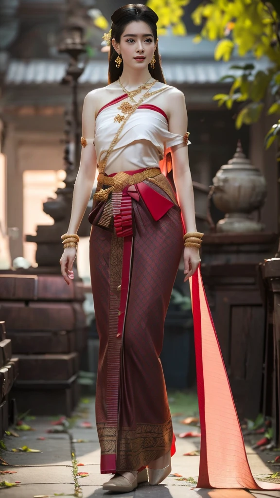 beautiful girl ,Thai women&#39;warrior, walking at thai measure, dynamic poses, Thai Chat Set, long hair,black eyes, Strapless shirt, abdominal muscles, thin body, rounded chest, (big breast:1.3), rift, small thighs, Long legs, morning sun, staring at the audience, (sexy poses), ((face details)), Double eyelids, that is finished, realistic, Masterpiece, qualityสูงสุด, lens flare, shade, old measure, measure, [[Chromatic aberration]], HDR, high contrast, Covered in a long thin sash, Beautiful figure, (realistic:1.3), Crazy details, quality, (Masterpiece:1.2), (ภาพrealistic:1.2), (qualityที่ดีที่สุด), (Beautiful skin:1.3), (There are complicated details...), Ray tracing, ((Full body)), ((ผู้หญิง 1 person)), (((1 person))), Age 18-20 years, ((long hair, for a very long time., ปล่อยlong hair)), smile, red tank top, white coat, red striped skirt., Contrasting colors with dresses and skirts..., Show off your pretty shoulders..., skirt pattern, earring, necklace, Javanese jewelry, (blurred background), riftของเต้านม, big breast, Beautiful breasts, Big breast augmentation, Long legs, white skin, charming, ultimate beauty