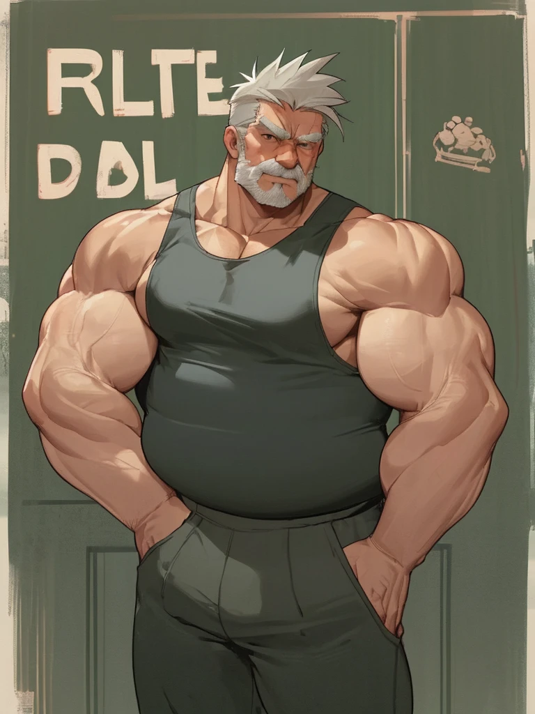  old man standing wearing tank top, muscle body,daddy,bara type,fat, police 