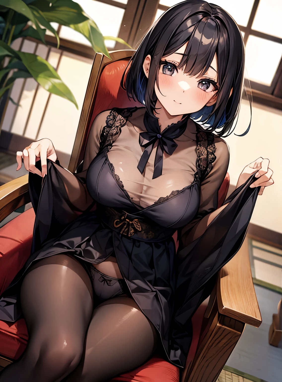 Cute Girls、Japanese、Sitting in a chair、Attractive breasts、dress、black tights、See-through underwear、Short Bob