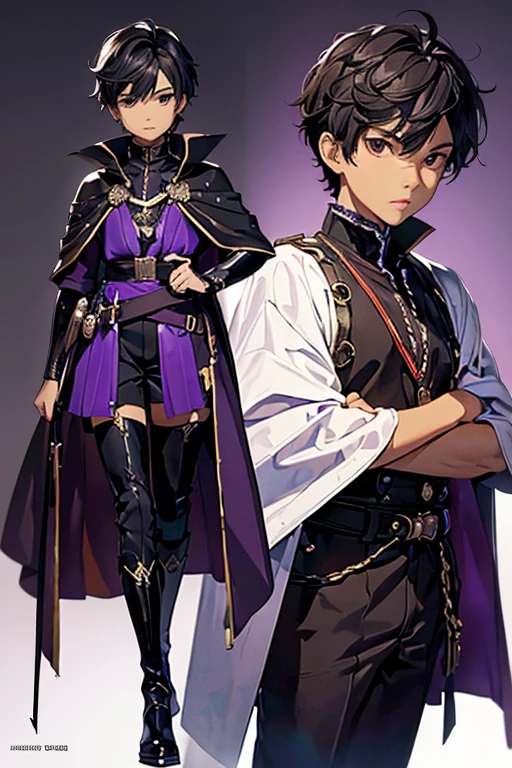 (boy1),(anime),(young teenager aged 16),(dark brown skin color),(brown eyes),(short black hair),(height 1.80cm),(wearing),+,(a 16th century emperor's outfit, consisting of a shiny black cape with purple tones, and black boots with purple tones, and a black outfit with a white blouse)