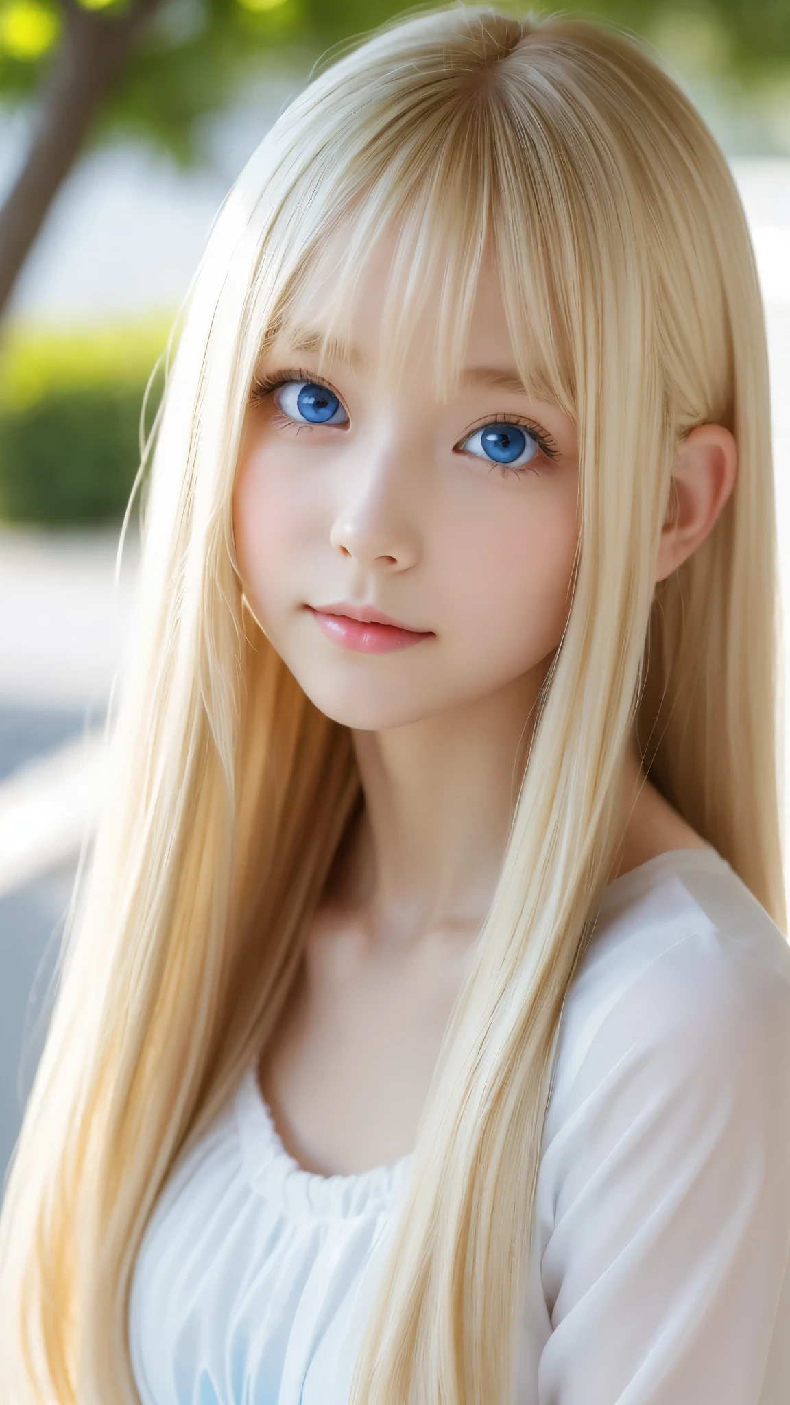 Shining, clear, white skin、Her windblown blonde hair hides her beautiful face、huge、28 years old cute sexy little beautiful face、Beautiful straight hair that stands out、growing up, Sparkling light blue eyes、long silky bangs that cover cute eyes, Sexy and cute young woman with super long hair hiding her sexy face、Super long, natural platinum blonde shiny hair