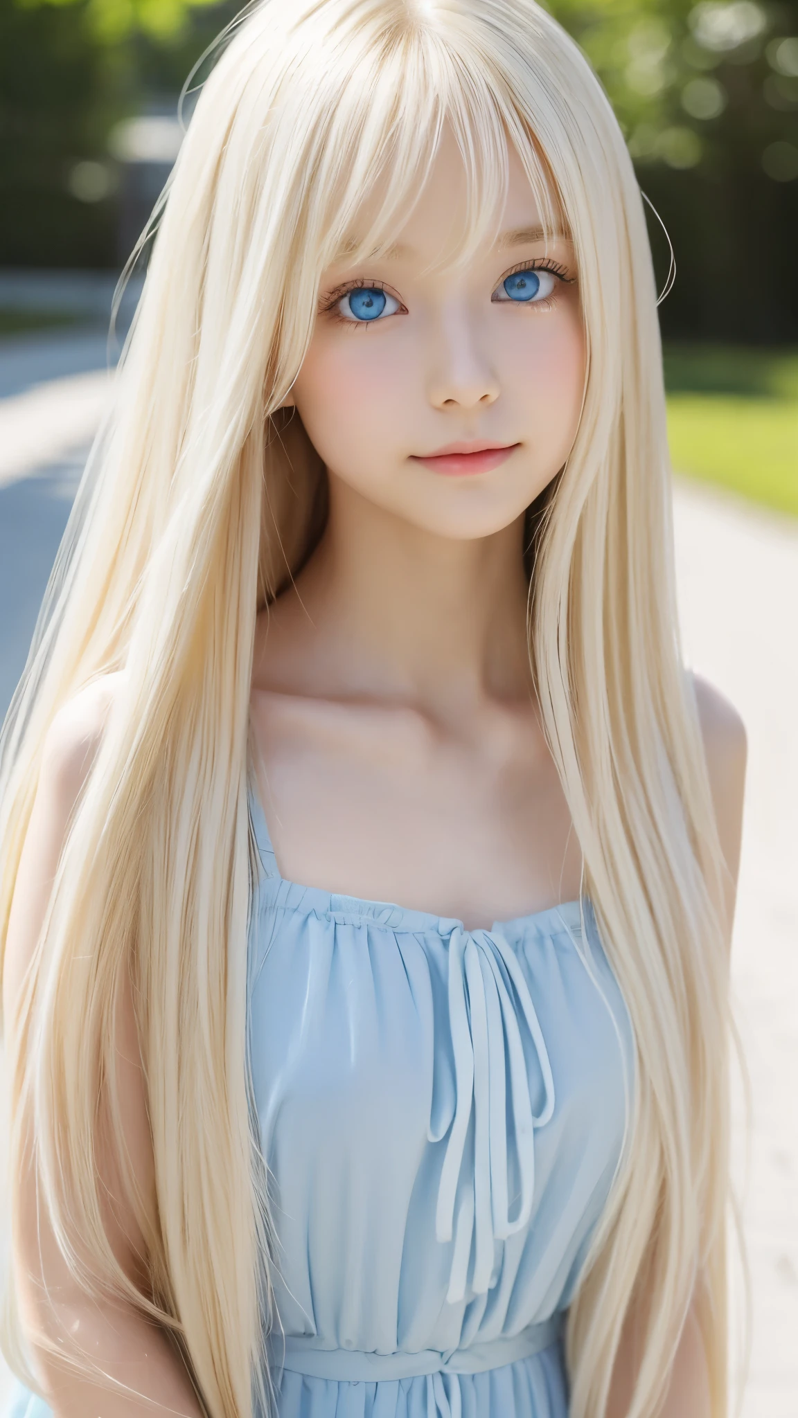 Shining, clear, white skin、Her windblown blonde hair hides her beautiful face、huge、28 years old cute sexy little beautiful face、Beautiful straight hair that stands out、growing up, Sparkling light blue eyes、long silky bangs that cover cute eyes, Sexy and cute young woman with super long hair hiding her sexy face、Super long, natural platinum blonde shiny hair