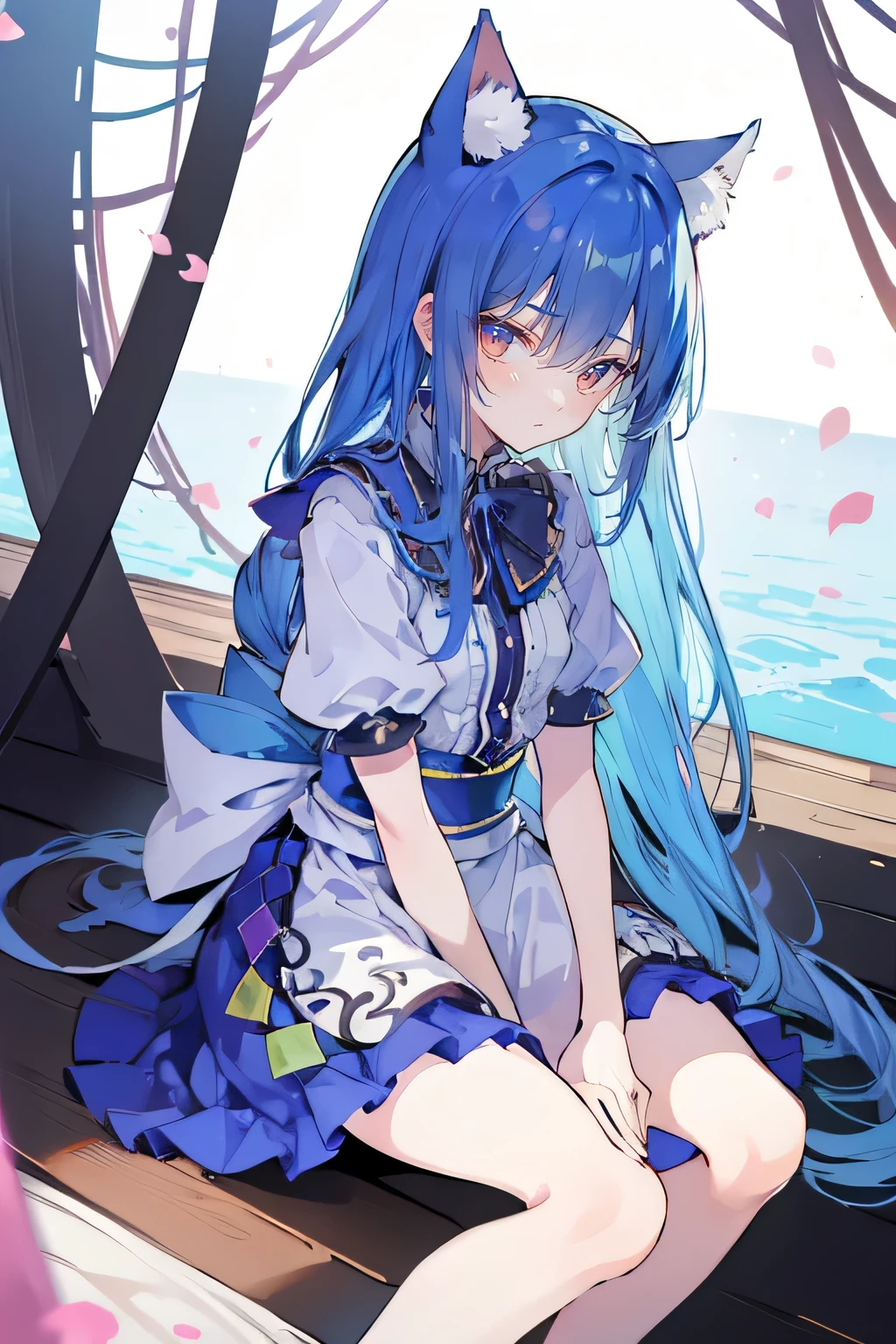 (masterpiece:1.2),ultra-detailed,realistic,expressive eyes,fair-skinned,perfectly shaped face,1girl,
Japanese cartoons,Gorgeous blue hair, flowing blue hair,floating clothes,cat ears,petals falling,beautiful Lola,Hina Angel,
hands on waist,gracefully sitting on the ground,legs crossed,gentle and serene background,cool and comfortable pavilion.