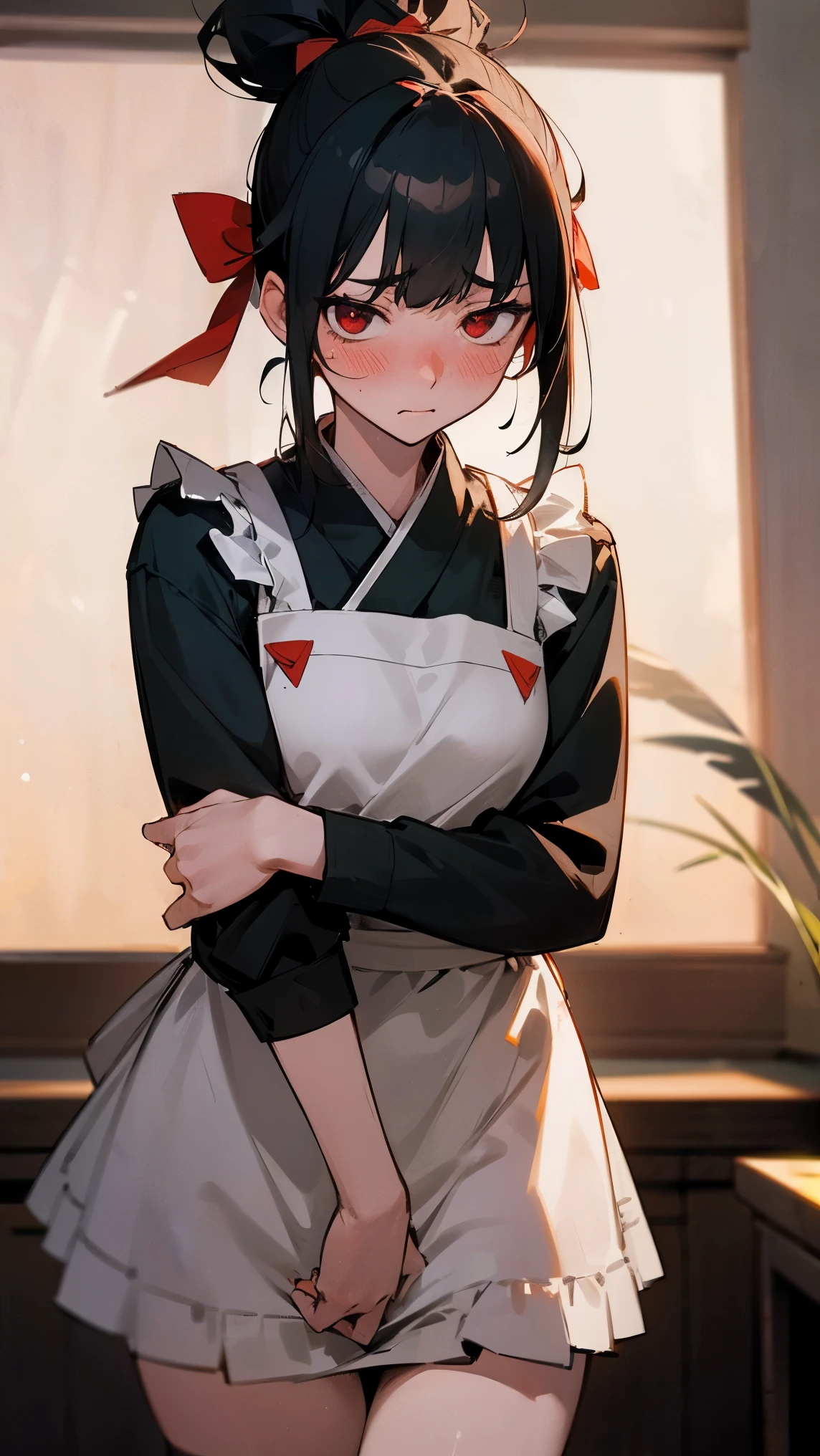 (Girl1,triangle face,red eyes),black hair,top Knot hair, hair ribbon, kanzashi, cowboy shot, Quiet, embarrassed, depth of field, explosions, looking at the viewer, blushing, indoor, living room, thigh, apron,Highly detailed ,8K wallpapers,high resolution, beautiful lighting,detailed shadow, high resolution