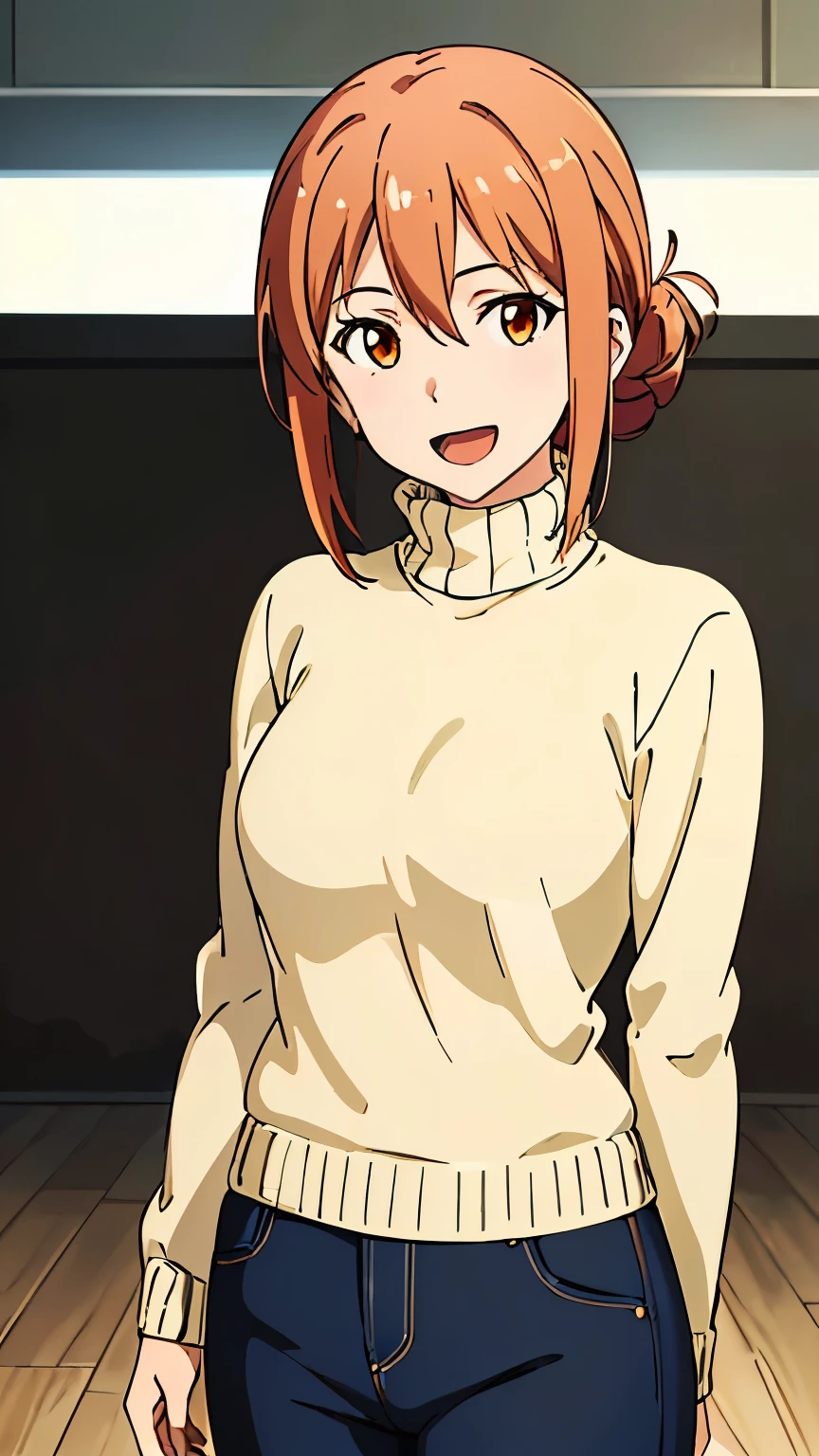 (Top quality, 8K, Masterpiece: 1.2), Super detailed, Illustration, Yuigahama Yui's mother, 30's body, orange eyes, open mouth, smile, between the eyes, 1 girl, bun hair , shiny hair, focus only, looking at the viewer, (sweater, turtleneck), in the center of the image, cowboy shot