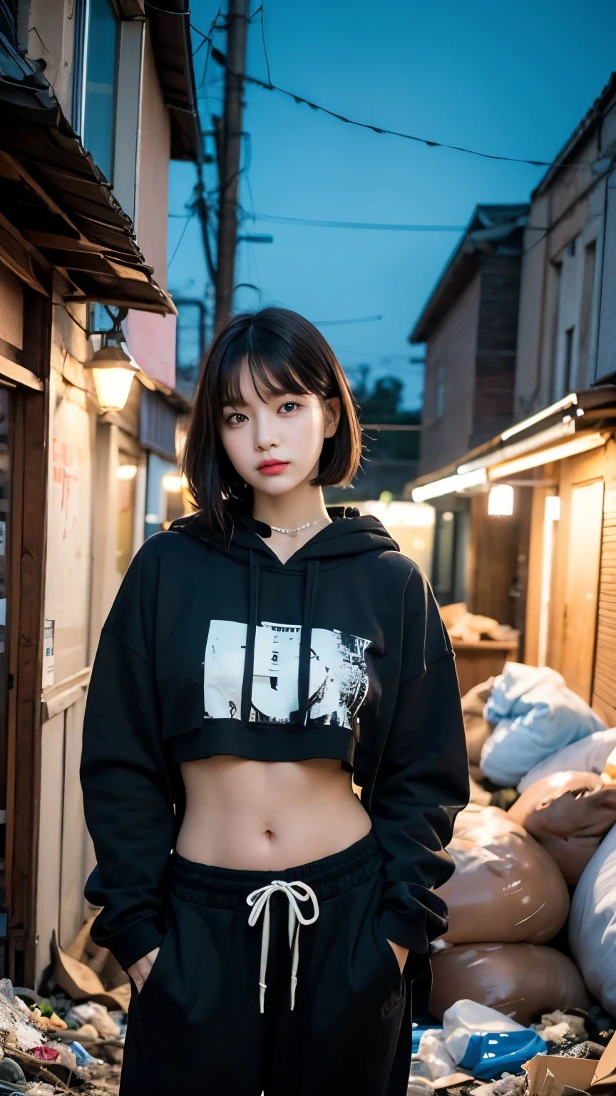 18-year-old,Korean women,holding a small brown glass bottle,Energy drinks,(((Dirty neon street at night))),(((Frowning,カメラをGlaring))),(Very fine eye), (((Wearing a long black hoodie,Wearing baggy pants))),(((Collapsing Building))),(((old buildings))),((photograph)),((A woman near a garbage dump)),(((Fabric Shading))), (((highest quality))), (((masterpiece))) strong girl, ((((Realistic)))), I have a card,Black Hair, chic hairstyle, ((With bangs,Straight medium bob cut, nice hair)), Light makeup,Red eyes, (((I&#39;m not wearing lipstick))), (nice, strong), (((Strong night atmosphere))), Centered Images, Looking at the camera, Elegant colors,Realistic Skin,Realistic texture,８k,whole body,Pale skin, (((Dirty garbage dump))),A huge amount of trash,Red iris,Expressionless,Glaring,Perfect Face,(((Big eyes))),She is wearing wide black baggy pants,Mouth closed, portrait of aespaのウィンター,She is wearing black streetwear, Woman in black streetwear, 黒いハイテクな服を着た女性のphotograph, Girl wearing black hoodie, Cyberpunk Streetwear, Cyberpunk Streetwear street fashion e-girl,