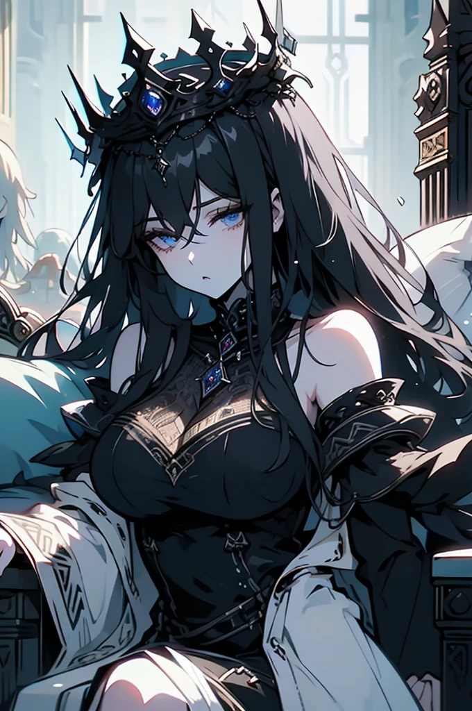 (((masterpiece))),best quality, illustration,(beautiful detailed girl),bare shoulders,flat_chst,diamond and glaring eyes,beautiful detailed cold face,very long blue and sliver hair,floaing black feathers,wavy hair,black and white sleeves,gold and sliver fringesl,a silver triple crown inlaid with obsidian,(sit) on the black ((throne)), (depth) of (field),big_breasts