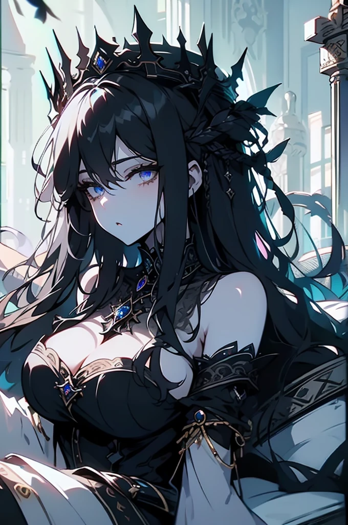 (((masterpiece))),best quality, illustration,(beautiful detailed girl),bare shoulders,flat_chst,diamond and glaring eyes,beautiful detailed cold face,very long blue and sliver hair,floaing black feathers,wavy hair,black and white sleeves,gold and sliver fringesl,a silver triple crown inlaid with obsidian,(sit) on the black ((throne)), (depth) of (field),big_breasts