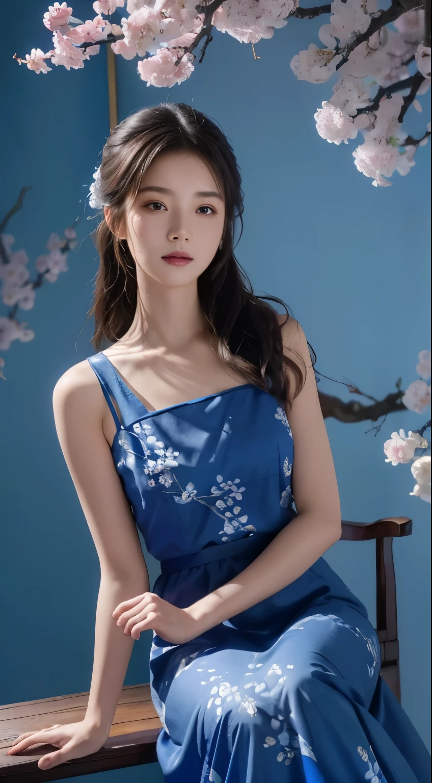 (best quality, Detailed details, masterpiece, , 4K, Chiaroscuro,Photos are super realistic, Highly detailed Canon video )Blue Background, Inside is a plum blossom tree, Draw with ink, Beautiful woman in a long blue dress, A bit of chinoiserie, Blue and white porcelain vase, There are a few plum blossoms in it.