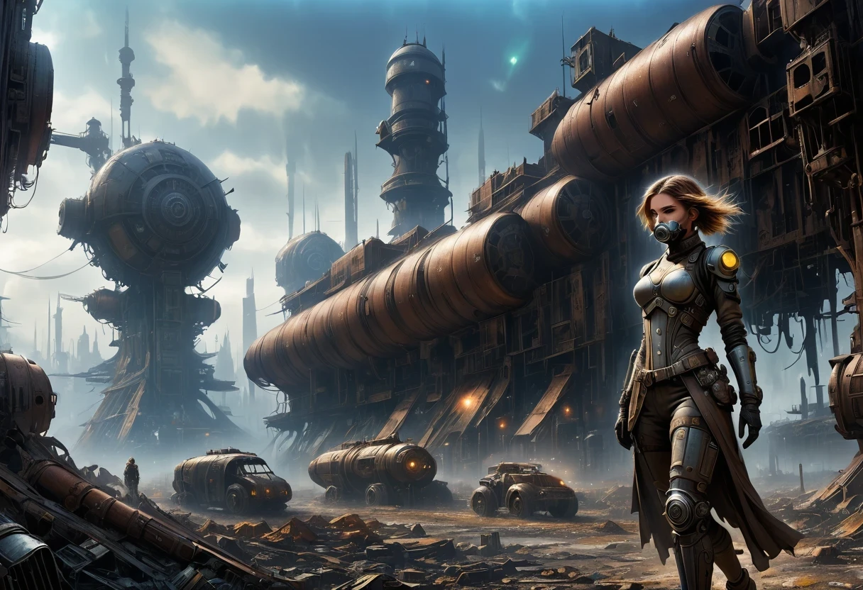Future cyberpunk mechanical girl wearing a future gas mask walking through the destroyed future city,Silver Mechanical Girl,Mechanical joints,There are many rusty structures in the air,Destroyed large radar,Abandoned space station base, scenic Dystopian environment, Dystopian environment, Industrial science fiction, Industrial science fiction, Industrial science fiction, Steampunk space station base background, Dystopian digital concept art, Steampunk city, post-apocalyptic factory, Steampunk ruins of the future, Industrial science fiction, Steampunk concept art, Dystopian alien landscape, In a steampunk cityscape, Dystopian Landscape