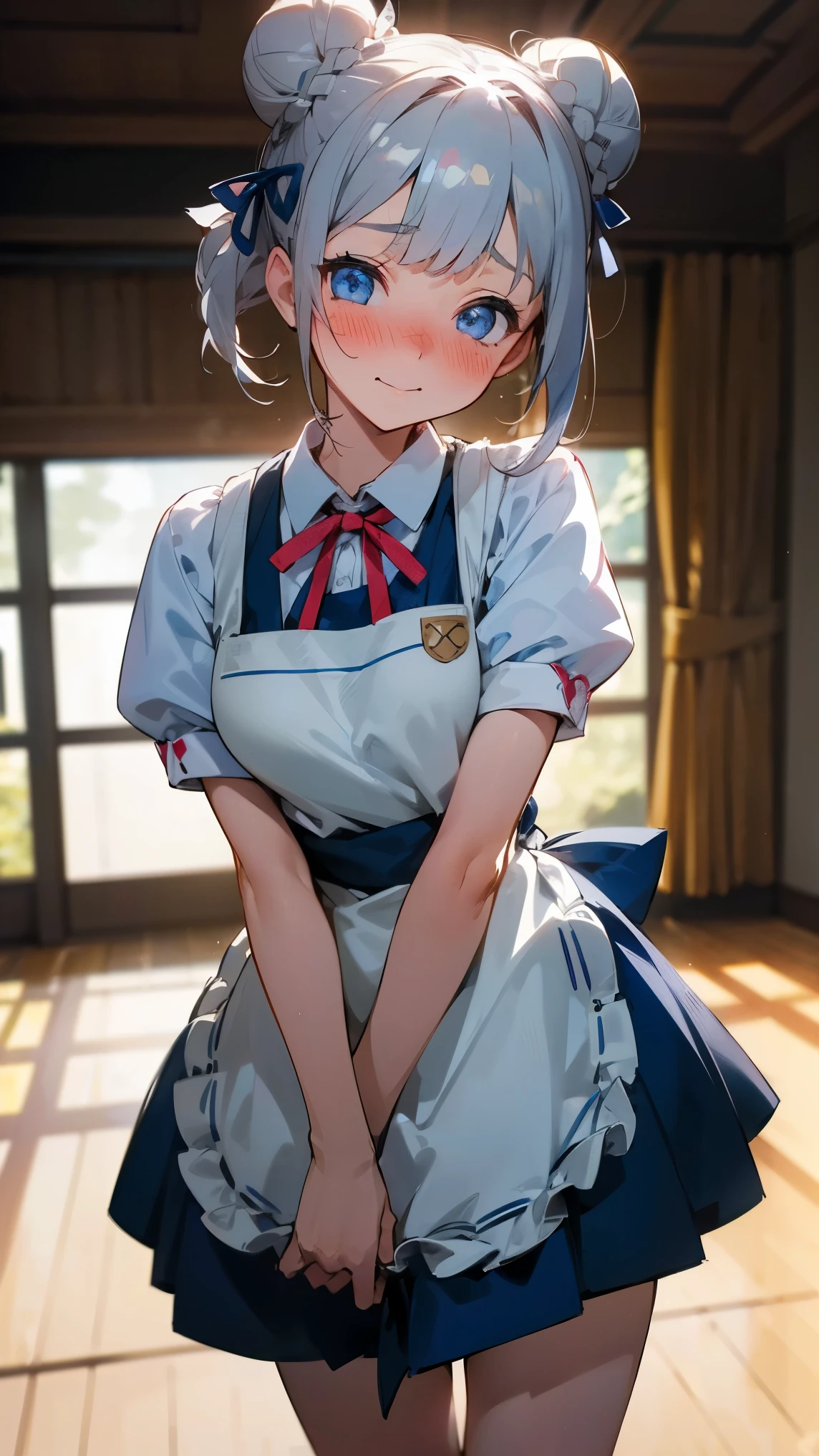 (Girl1,round face,blue eyes),grey hair, double bun, hair ribbon, kanzashi, light smile, embarrassed, depth of field, explosions, looking at the viewer, blushing, indoor, living room, thigh, apron,Highly detailed ,8K wallpapers,high resolution, beautiful lighting,detailed shadow, high resolution