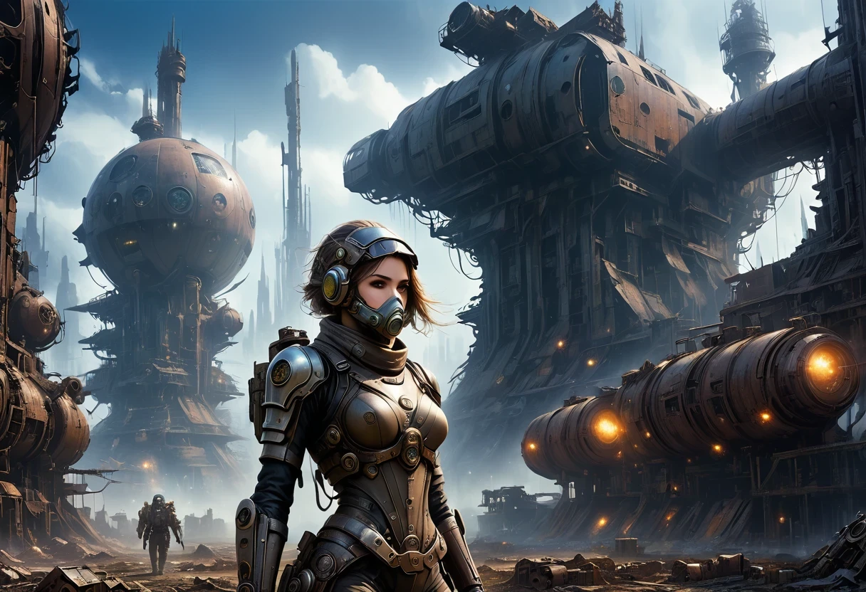 Future cyberpunk mechanical girl wearing a future gas mask walking through the destroyed future city，Silver Mechanical Girl，Mechanical joints，There are many rusty structures in the air,Destroyed large radar，Abandoned space station base， scenic Dystopian environment, Dystopian environment, Industrial science fiction, Industrial science fiction, Industrial science fiction, Steampunk space station base background, Dystopian digital concept art, Steampunk city, post-apocalyptic factory, Steampunk ruins of the future, Industrial science fiction, Steampunk concept art, Dystopian alien landscape, In a steampunk cityscape, Dystopian Landscape