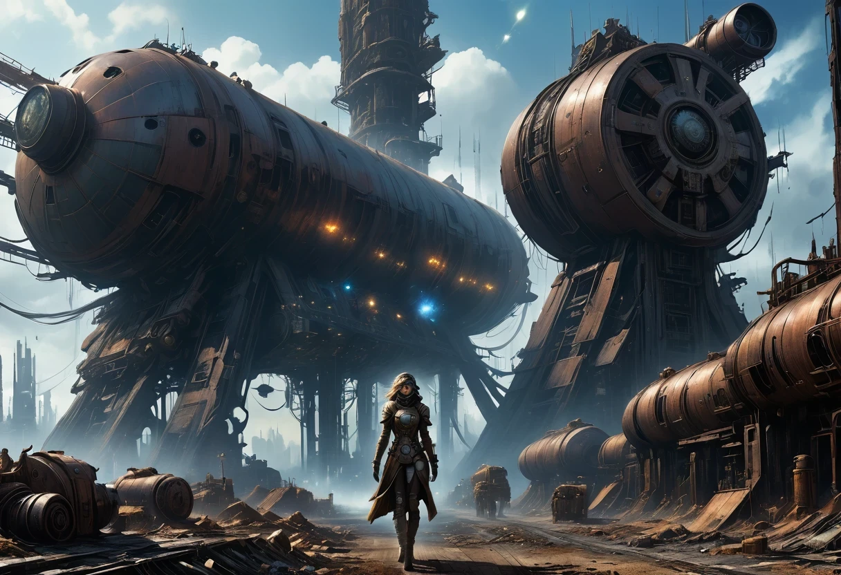 Future cyberpunk mechanical girl wearing a future gas mask walking through the destroyed future city，Silver Mechanical Girl，Mechanical joints，There are many rusty structures in the air,Destroyed large radar，Abandoned space station base， scenic Dystopian environment, Dystopian environment, Industrial science fiction, Industrial science fiction, Industrial science fiction, Steampunk space station base background, Dystopian digital concept art, Steampunk city, post-apocalyptic factory, Steampunk ruins of the future, Industrial science fiction, Steampunk concept art, Dystopian alien landscape, In a steampunk cityscape, Dystopian Landscape