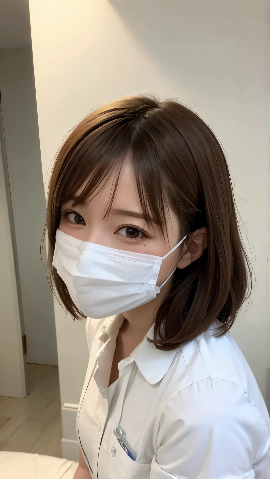 1 girl,(Wearing white nurse clothes:1.2),(RAW Photos, highest quality), (Realistic, photo-Realistic:1.4), masterpiece, Very delicate and beautiful, Very detailed, 2k wallpaper, wonderful, finely, Very detailed CG unity 8k wallpaper, Very detailed, High resolution, Soft Light, Beautiful detailed girl, Very detailed eyes and face, Beautiful and detailed nose, finely beautiful eyes, nurse, Perfect Anatomy, Black Hair, Upstyle, nurse uniform, ((mask)), Long skirt, nurse, White costume, thin, hospital, clear, White Uniform, hospital room, Neck auscultation,Bobcut
