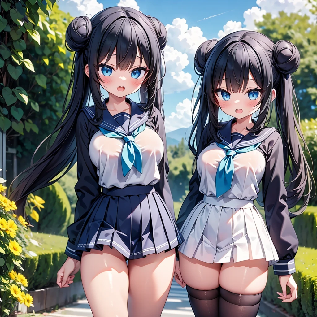 highest quality,wonderful,finely,extremely detailed CG Unity 8K wallpaper, (2 Girls,Black Hair, Blue Eyes,double bun), (medium breast:1.2), (sailor uniform:1.1), (open mouth:1.2), (long tongue:1.2), (mouth drool:1.2), (black stockings:1.1),(Thighs),(Waistline),(standing:1.2),(written boundary depth)