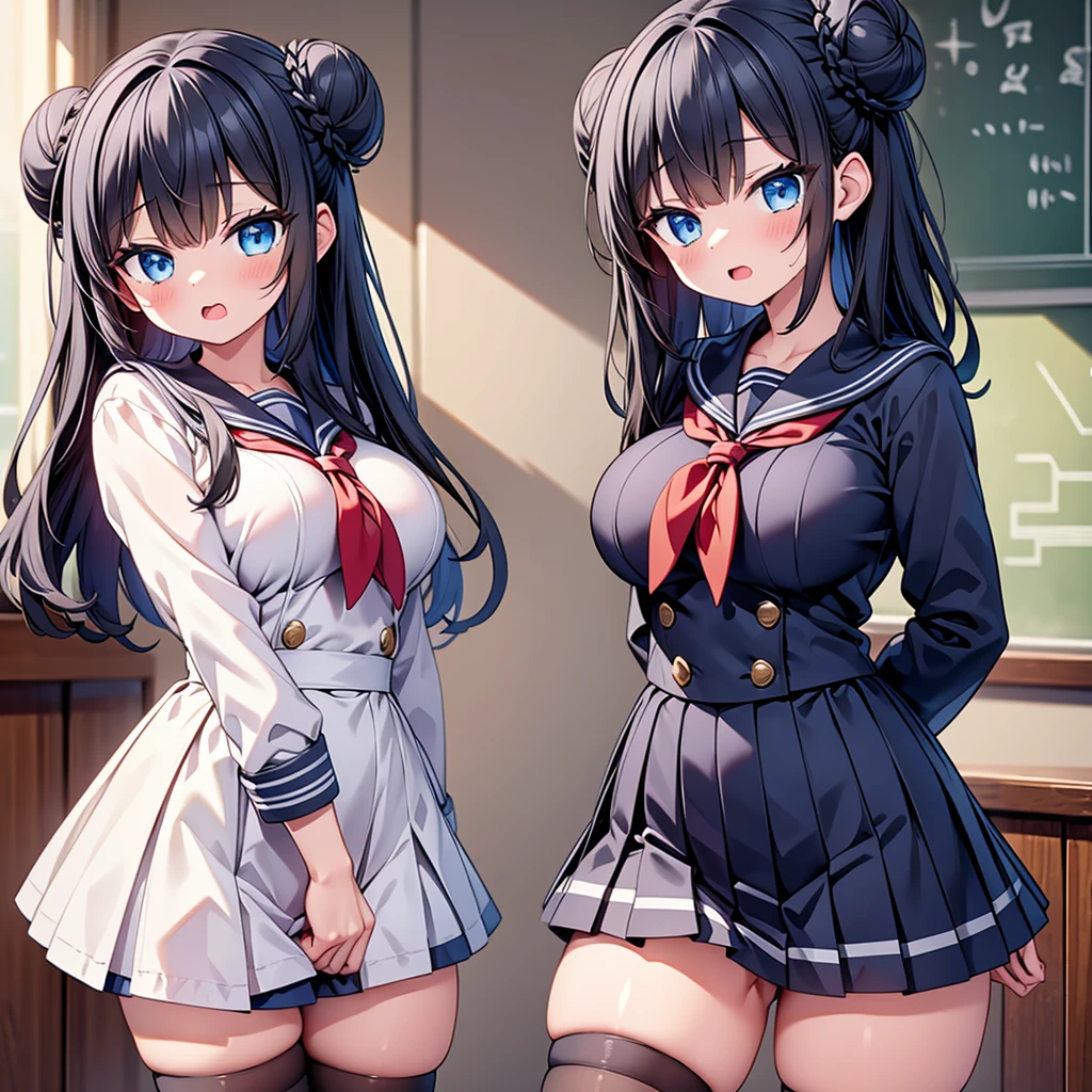 highest quality,wonderful,finely,extremely detailed CG Unity 8K wallpaper, (2 Girls,Black Hair, Blue Eyes,double bun), (medium breast:1.2), (sailor uniform:1.1), (open mouth:1.2), (long tongue:1.2), (mouth drool:1.2), (black stockings:1.1),(Thighs),(Waistline),(standing:1.2),(written boundary depth)