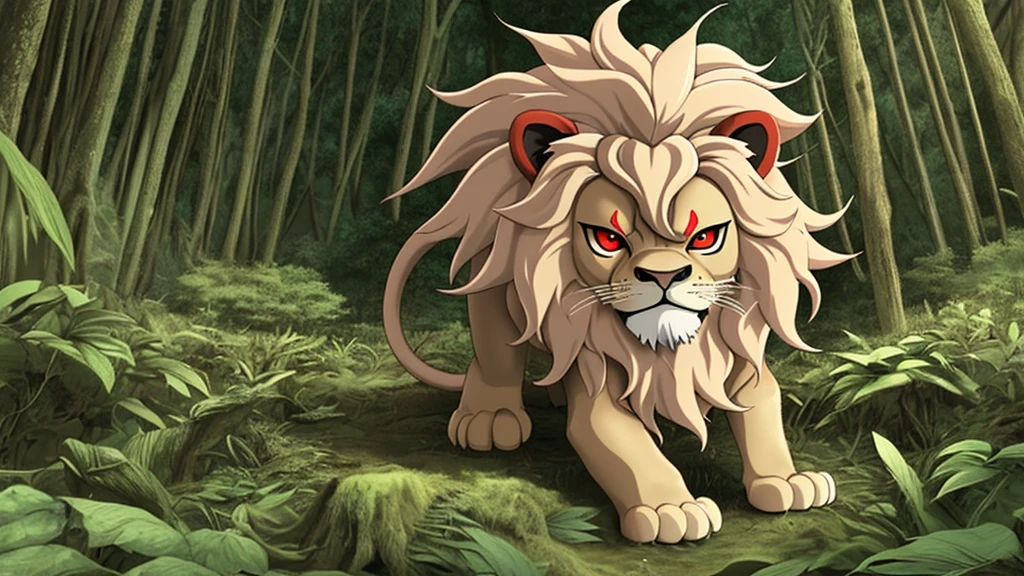 cool lion in the forest with red eyes in anime style 