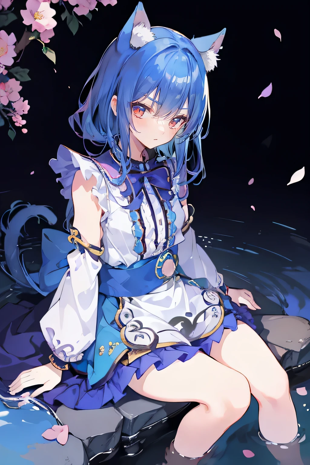 (masterpiece:1.2),ultra-detailed,realistic,expressive eyes,fair-skinned,perfectly shaped face,1girl,
Japanese cartoons,Gorgeous blue hair, flowing blue hair,floating clothes,cat ears,petals falling,beautiful Lola,Hina Angel,
hands on waist,gracefully sitting on the ground,legs crossed,gentle and serene background,cool and comfortable pavilion.