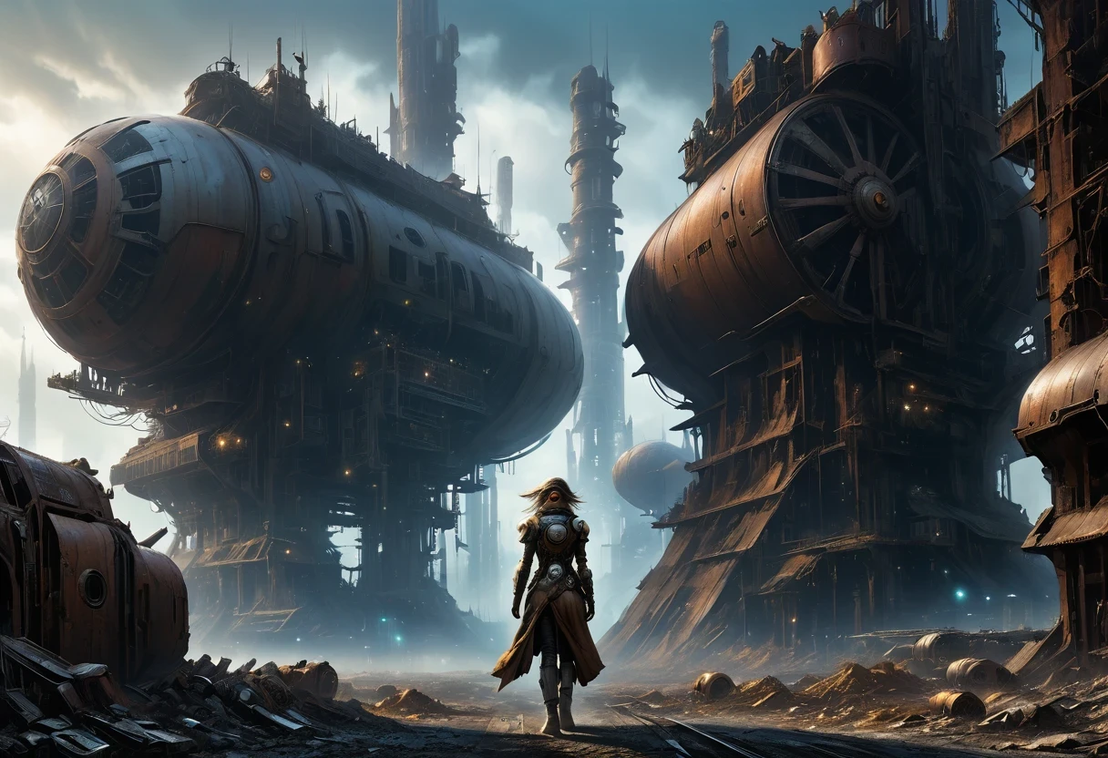 Future cyberpunk mechanical girl wearing a future gas mask walking through the destroyed future city,Silver Mechanical Girl,Mechanical joints,There are many rusty structures in the air,Destroyed large radar,Abandoned space station base, scenic Dystopian environment, Dystopian environment, Industrial science fiction, Industrial science fiction, Industrial science fiction, Steampunk space station base background, Dystopian digital concept art, Steampunk city, post-apocalyptic factory, Steampunk ruins of the future, Industrial science fiction, Steampunk concept art, Dystopian alien landscape, In a steampunk cityscape, Dystopian Landscape