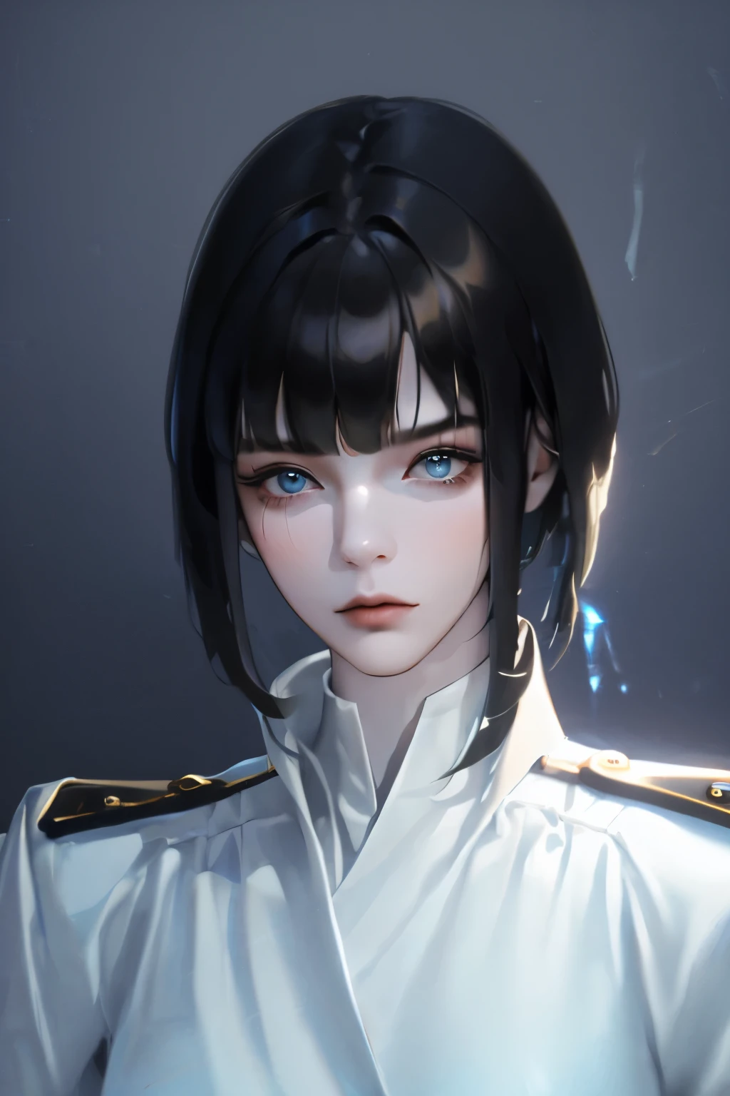 (Maximum resolution, clearly_image) best quality, individual, A woman, Solitary, masterpiece, Very detailed, Semi-realistic, Black short hair, Black Hair, Bangs, 18 years old, Mature, light blue military uniform, military uniform, Interior background, Moderate, authoritative, robust, Exquisite facial features, Exquisite facial features