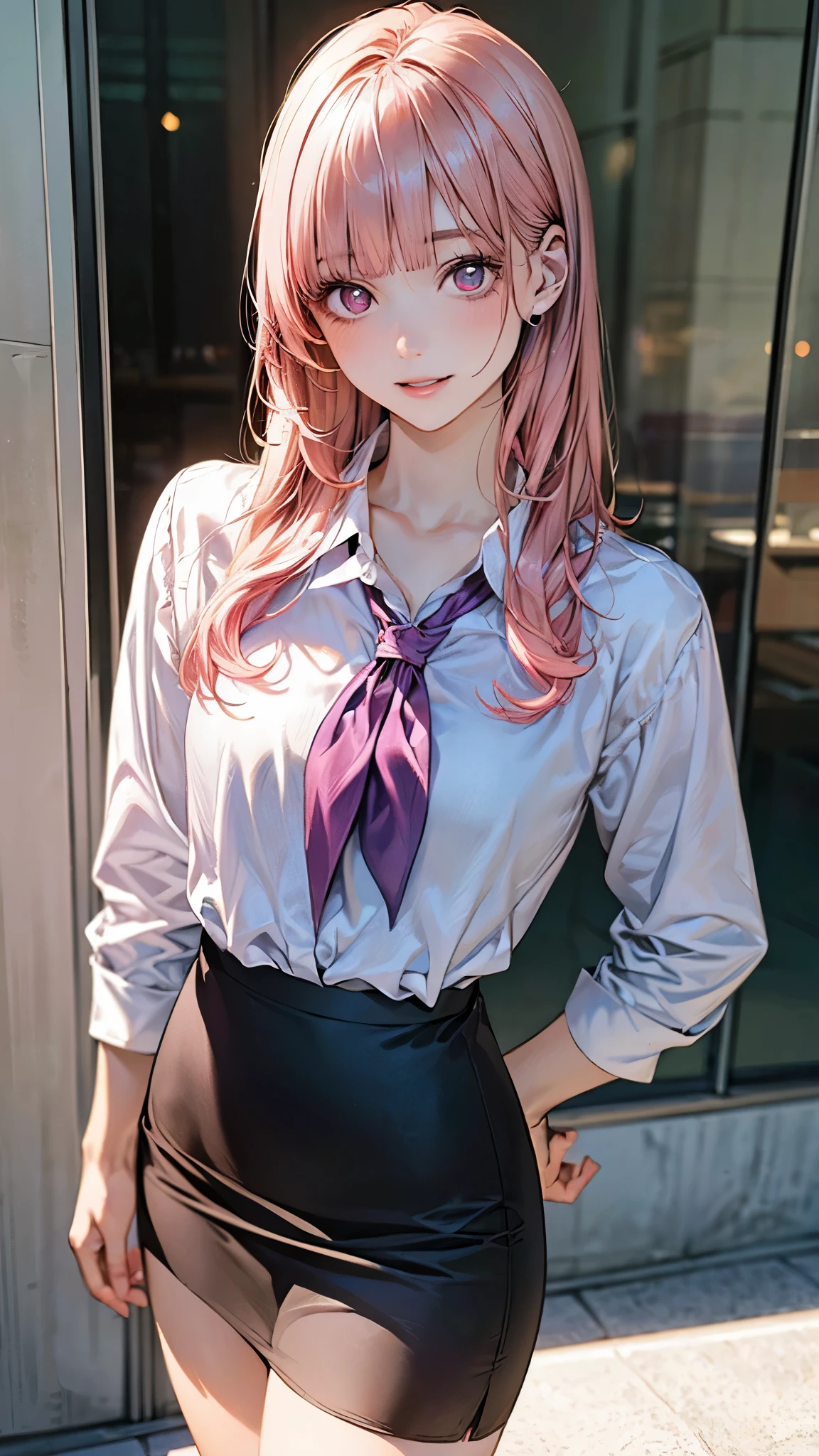 (masterpiece:1.2, top-quality), (realistic, photorealistic:1.4), beautiful illustration, (natural side lighting, movie lighting), ,
beautiful detailed hair, beautiful detailed face, beautiful detailed eyes, beautiful clavicle, beautiful body, beautiful chest, beautiful thigh, beautiful legs, beautiful hands,
looking at viewer, 1 girl, japanese, office lady, 20 years old, perfect face, cute and symmetrical face, shiny skin,
(very long hair, straight hair, salmon pink hair), blunt bangs, maroon eyes, slant eyes, big eyes, long eye lasher, (medium breasts, small ass, thin thighs), slender, outstanding style,
detailed cloth texture, ((light purple stripe very small neckerchief, white collared shirt, office lady, suit, pencil skirt)),
(beautiful scenery), spring, evening, (downtown), standing, (lovely smile, parted lips),