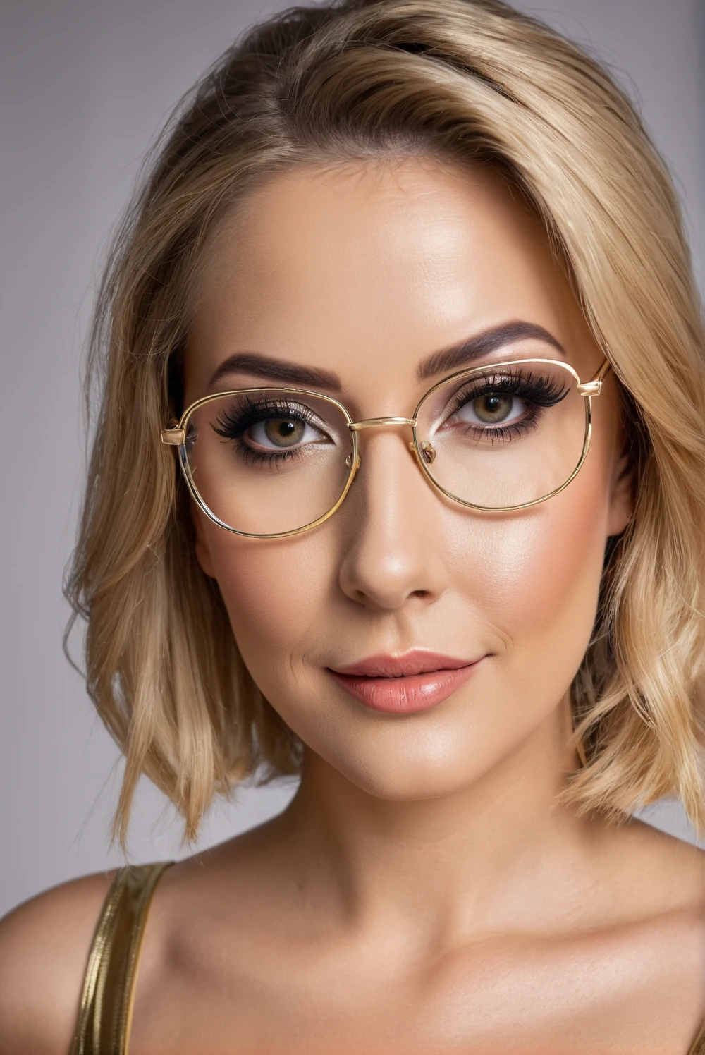 hyperrealistic beautiful busty 30-year-old women in shiny golden jumpsuit, model shooting mugshot photography, glasses, dyed blonde classic bob, dark eye makeup with eyeliner, seductive smile, 8K, best quality, Meisterwerk, ultra high resolution, (Realismus: 1.4), Originalfoto, (realistische Hautstruktur: 1.3), (Filmkorn: 1.3), (Selfie-Winkel), 1 girl, Beautiful eyes and facial details, Meisterwerk, best quality