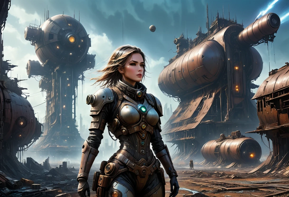 Future cyberpunk mechanical girl wearing a future gas mask walking through the destroyed future city,Silver Mechanical Girl,Mechanical joints,There are many rusty structures in the air,Destroyed large radar,Abandoned space station base, scenic Dystopian environment, Dystopian environment, Industrial science fiction, Industrial science fiction, Industrial science fiction, Steampunk space station base background, Dystopian digital concept art, Steampunk city, post-apocalyptic factory, Steampunk ruins of the future, Industrial science fiction, Steampunk concept art, Dystopian alien landscape, In a steampunk cityscape, Dystopian Landscape