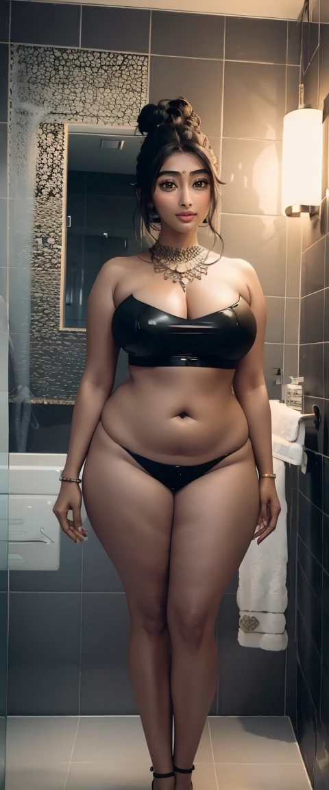 ((melhor qualidade)), ((obra de arte)), (detalhado), rosto perfeito, mulher negra super escuro, black power, Camiseta preta e bermuda jeans, Large mammary glands and large glutes drenched in sweat 