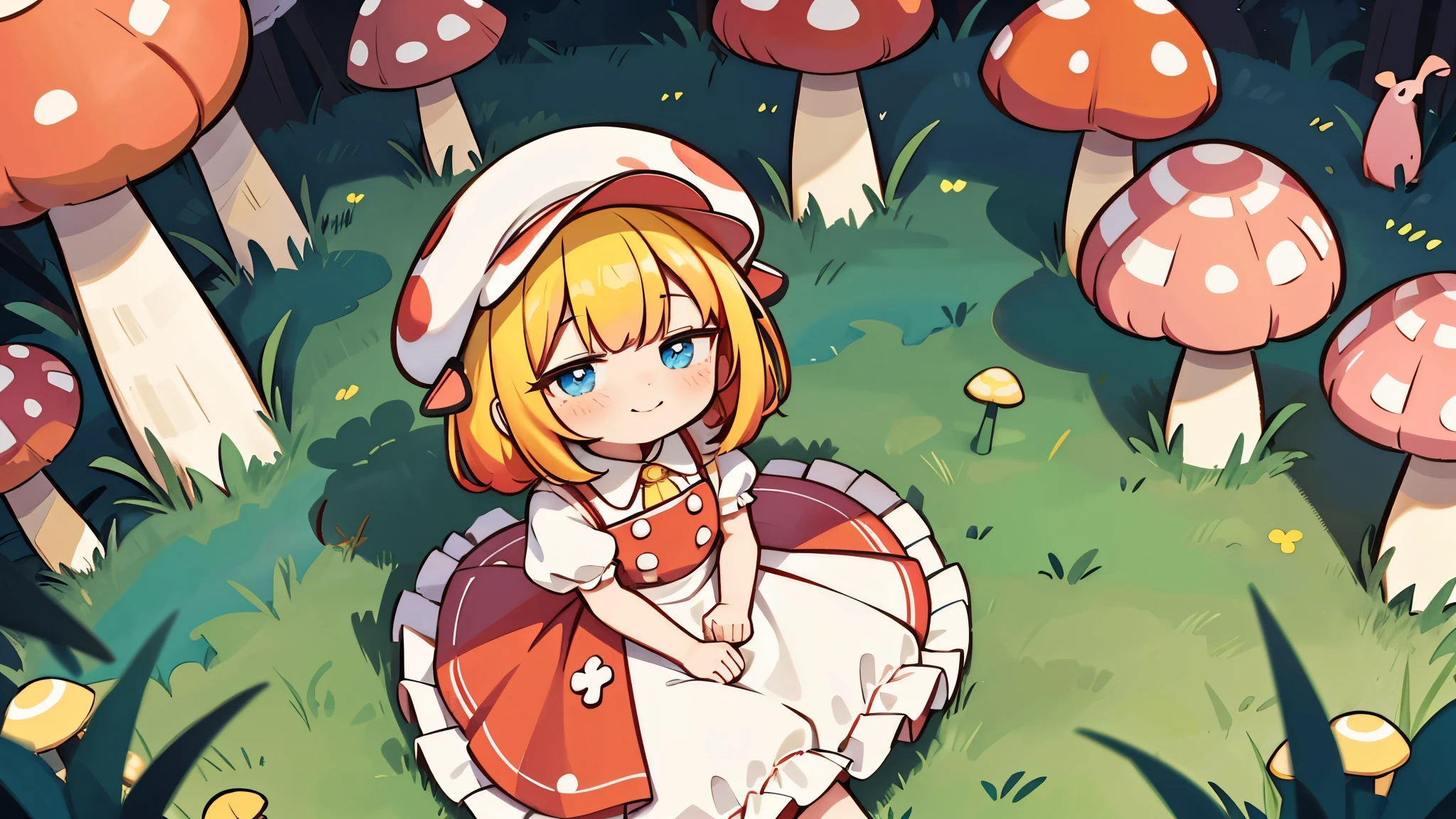 1 girl, solo, (chibi), cute, small girl, musroom, musroom hat, fluffy dress, white-red dress, frills, frilled skirt, puffed sleeves, red mushroom, colorful musrooms, smiling, closed mouth, (spilt color hair:1.4), (yellow hair:1.3), red apron, white dress, blue eyes, small freckles, forest, sitting on grass, looking at viewer, cowboy shot, from above, pastel colors, soft colors,
