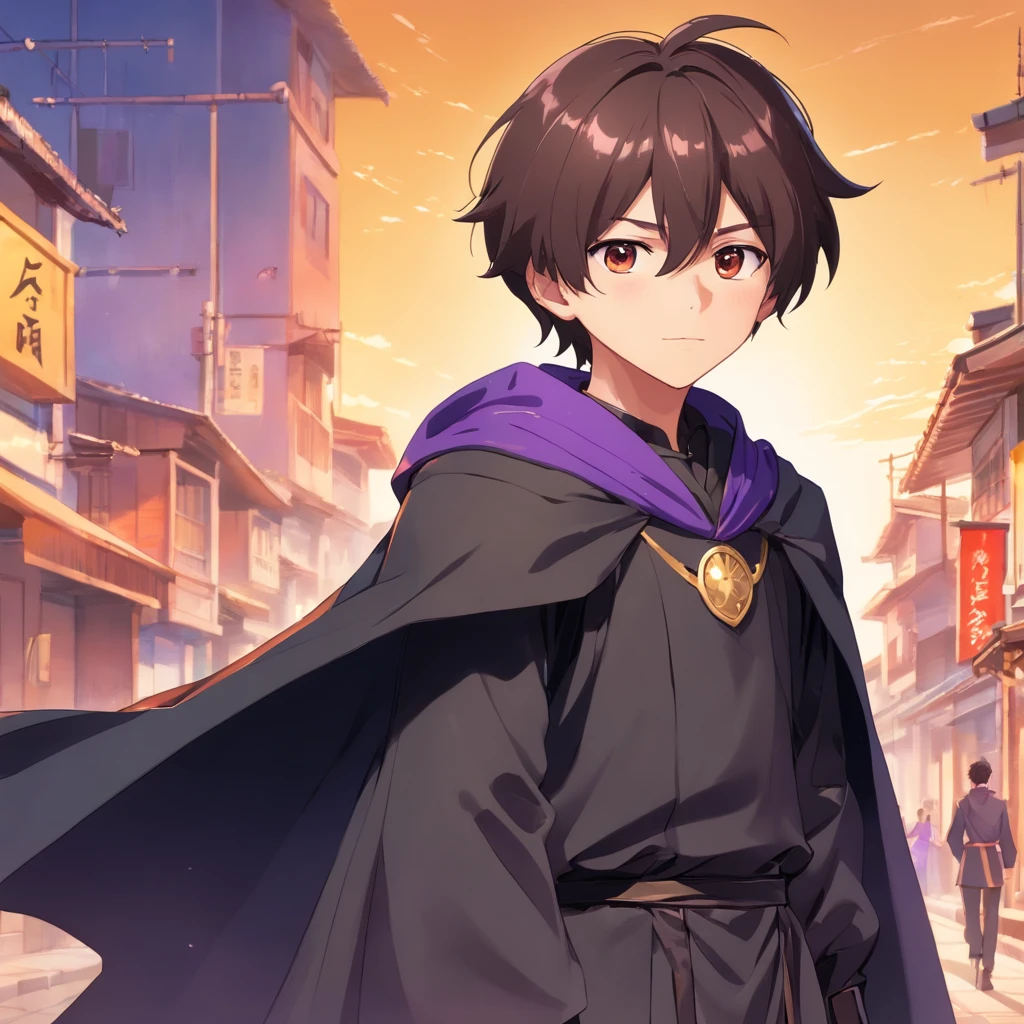 (boy1),(anime),(),(dark brown skin color),(brown eyes),(short black hair),(height 1.80cm),(wearing),+,(a 16th century emperor's outfit, consisting of a shiny black cape with purple tones, and black boots with purple tones, and a black outfit with a white blouse)