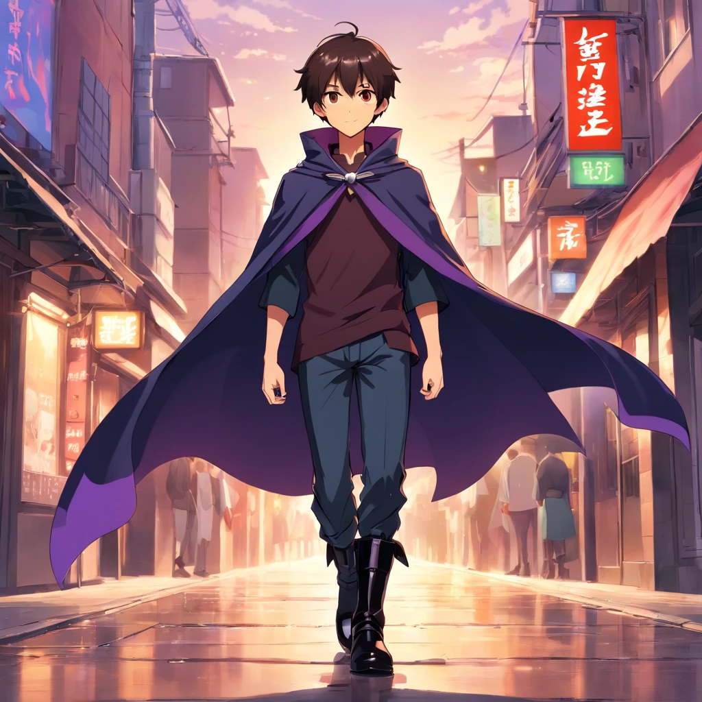(boy1),(anime),(young teenager aged 16),(dark brown skin color),(brown eyes),(short black hair),(height 1.80cm),(wearing),+,(a 16th century emperor's outfit, consisting of a shiny black cape with purple tones, and black boots with purple tones, and a black outfit with a white blouse)