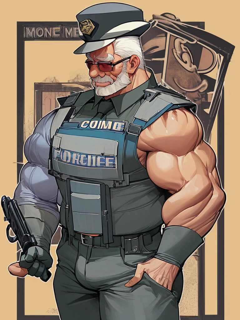 old man standing wearing cop suit, muscle body,daddy,bara type,fat, police