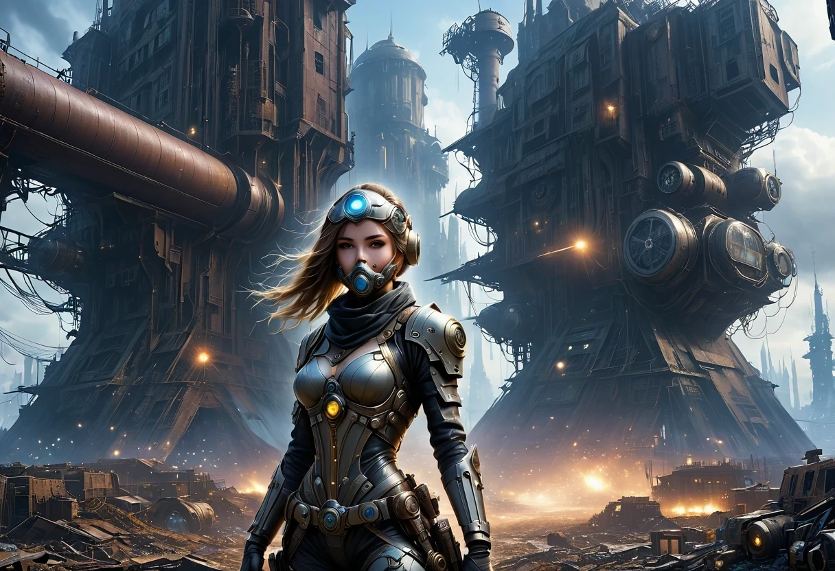 Future cyberpunk mechanical girl wearing a future gas mask walking through the destroyed future city,Silver Mechanical Girl,Mechanical joints,There are many rusty structures in the air,Destroyed large radar,Abandoned space station base, scenic Dystopian environment, Dystopian environment, Industrial science fiction, Industrial science fiction, Industrial science fiction, Steampunk space station base background, Dystopian digital concept art, Steampunk city, post-apocalyptic factory, Steampunk ruins of the future, Industrial science fiction, Steampunk concept art, Dystopian alien landscape, In a steampunk cityscape, Dystopian Landscape