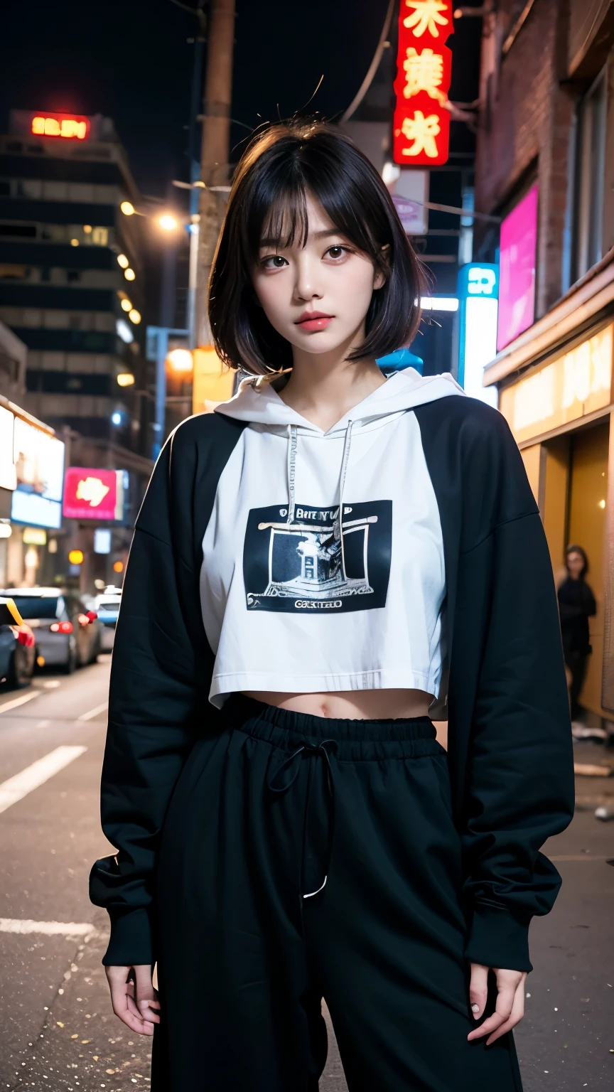 18-year-old,Korean women,holding a small brown glass bottle,Energy drinks,(((Dirty neon street at night))),(((Frowning,カメラをGlaring))),(Very fine eye), (((Wearing a long black hoodie,Wearing baggy pants))),(((Collapsing Building))),(((old buildings))),((photograph)),((A woman near a garbage dump)),(((Fabric Shading))), (((highest quality))), (((masterpiece))) strong girl, ((((Realistic)))), I have a card,Black Hair, chic hairstyle, ((With bangs,Straight medium bob cut, nice hair)), Light makeup,Red eyes, (((I&#39;m not wearing lipstick))), (nice, strong), (((Strong night atmosphere))), Centered Images, Looking at the camera, Elegant colors,Realistic Skin,Realistic texture,８k,whole body,Pale skin, (((Dirty garbage dump))),A huge amount of trash,Red iris,Expressionless,Glaring,Perfect Face,(((Big eyes))),She is wearing wide black baggy pants,Mouth closed, portrait of aespaのウィンター,She is wearing black streetwear, Woman in black streetwear, 黒いハイテクな服を着た女性のphotograph, Girl wearing black hoodie, Cyberpunk Streetwear, Cyberpunk Streetwear street fashion e-girl,