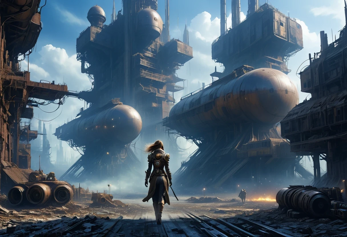 Future cyberpunk mechanical girl wearing a future gas mask walking through the destroyed future city,Silver Mechanical Girl,Mechanical joints,There are many rusty structures in the air,Destroyed large radar,Abandoned space station base, scenic Dystopian environment, Dystopian environment, Industrial science fiction, Industrial science fiction, Industrial science fiction, Steampunk space station base background, Dystopian digital concept art, Steampunk city, post-apocalyptic factory, Steampunk ruins of the future, Industrial science fiction, Steampunk concept art, Dystopian alien landscape, In a steampunk cityscape, Dystopian Landscape