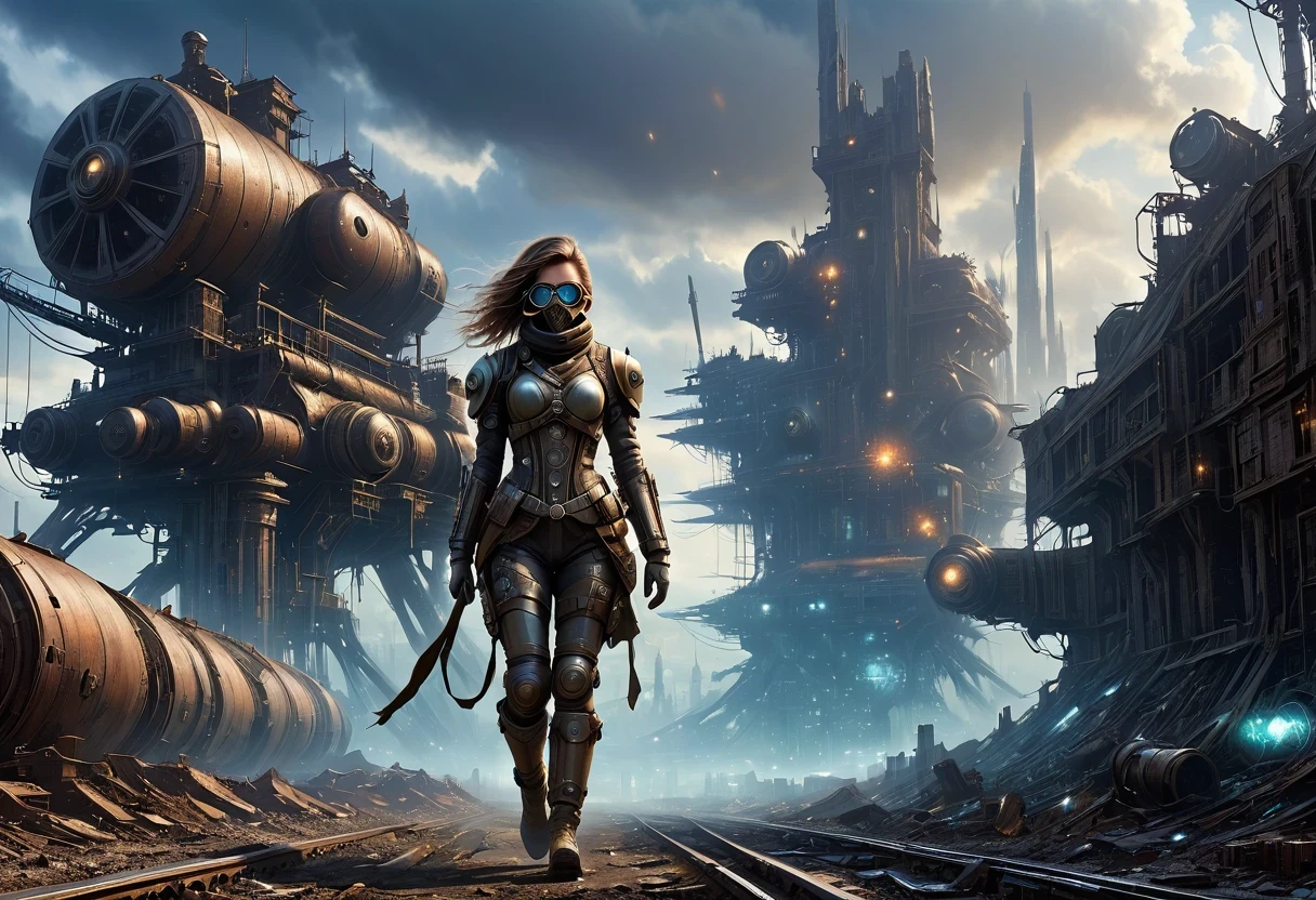 Future cyberpunk mechanical girl wearing a future gas mask walking through the destroyed future city,Silver Mechanical Girl,Mechanical joints,There are many rusty structures in the air,Destroyed large radar,Abandoned space station base, scenic Dystopian environment, Dystopian environment, Industrial science fiction, Industrial science fiction, Industrial science fiction, Steampunk space station base background, Dystopian digital concept art, Steampunk city, post-apocalyptic factory, Steampunk ruins of the future, Industrial science fiction, Steampunk concept art, Dystopian alien landscape, In a steampunk cityscape, Dystopian Landscape
