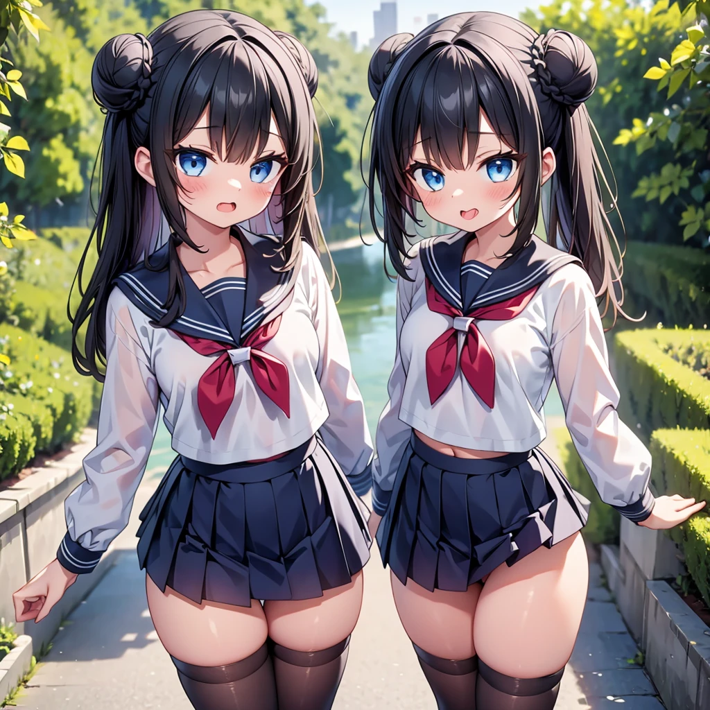 highest quality,wonderful,finely,extremely detailed CG Unity 8K wallpaper, (2 Girls,Black Hair, Blue Eyes,double bun), (small breast:1.2), (sailor uniform:1.1), (open mouth:1.2), (long tongue:1.2), (mouth drool:1.2), (black stockings:1.1),(Thighs),(Waistline),(standing:1.2),(written boundary depth)