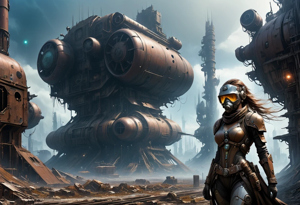 Future cyberpunk mechanical girl wearing a future gas mask walking through the destroyed future city,Silver Mechanical Girl,Mechanical joints,There are many rusty structures in the air,Destroyed large radar,Abandoned space station base, scenic Dystopian environment, Dystopian environment, Industrial science fiction, Industrial science fiction, Industrial science fiction, Steampunk space station base background, Dystopian digital concept art, Steampunk city, post-apocalyptic factory, Steampunk ruins of the future, Industrial science fiction, Steampunk concept art, Dystopian alien landscape, In a steampunk cityscape, Dystopian Landscape