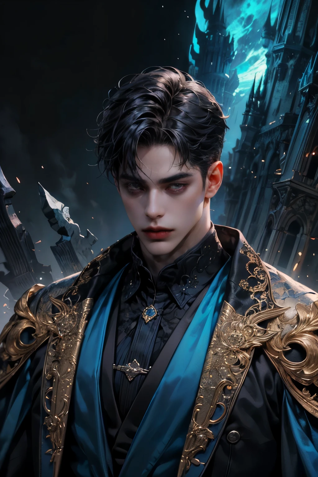 ((best quality)), ((masterpiece)), (detailed), perfect face handsome manhwa style, fantasy manhwa design, sharp eyes, vampire figure, cool face, short black hair. . black suit, misterious,, extremely detail fantasy male concept,manhwa-male design,looking at viewer, mansion background, blue and dark atmosphere