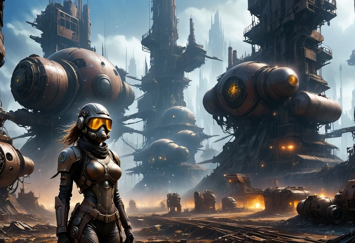 Future cyberpunk mechanical girl wearing a future gas mask walking through the destroyed future city,Silver Mechanical Girl,Mechanical joints,There are many rusty structures in the air,Destroyed large radar,Abandoned space station base, scenic Dystopian environment, Dystopian environment, Industrial science fiction, Industrial science fiction, Industrial science fiction, Steampunk space station base background, Dystopian digital concept art, Steampunk city, post-apocalyptic factory, Steampunk ruins of the future, Industrial science fiction, Steampunk concept art, Dystopian alien landscape, In a steampunk cityscape, Dystopian Landscape
