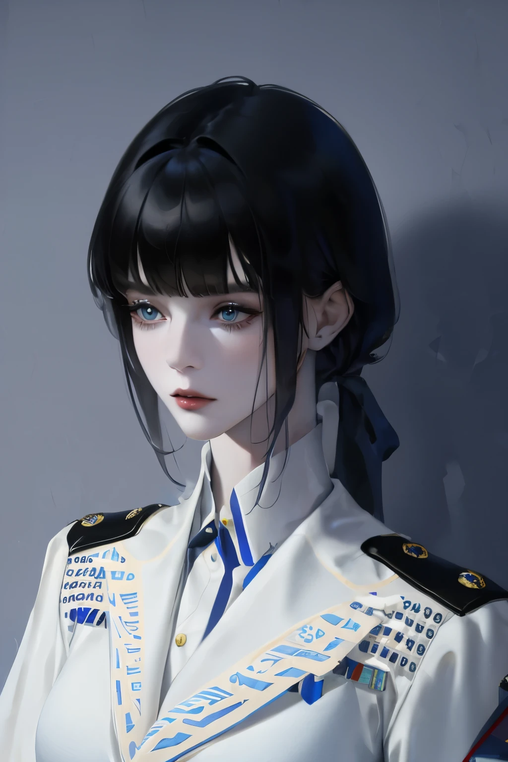 (Maximum resolution, clearly_image) best quality, individual, A woman, Solitary, masterpiece, Very detailed, Semi-realistic, Black short hair, Black Hair, Bangs, 18 years old, Mature, light blue military uniform, military uniform, Interior background, Moderate, authoritative, robust, Exquisite facial features, Exquisite facial features