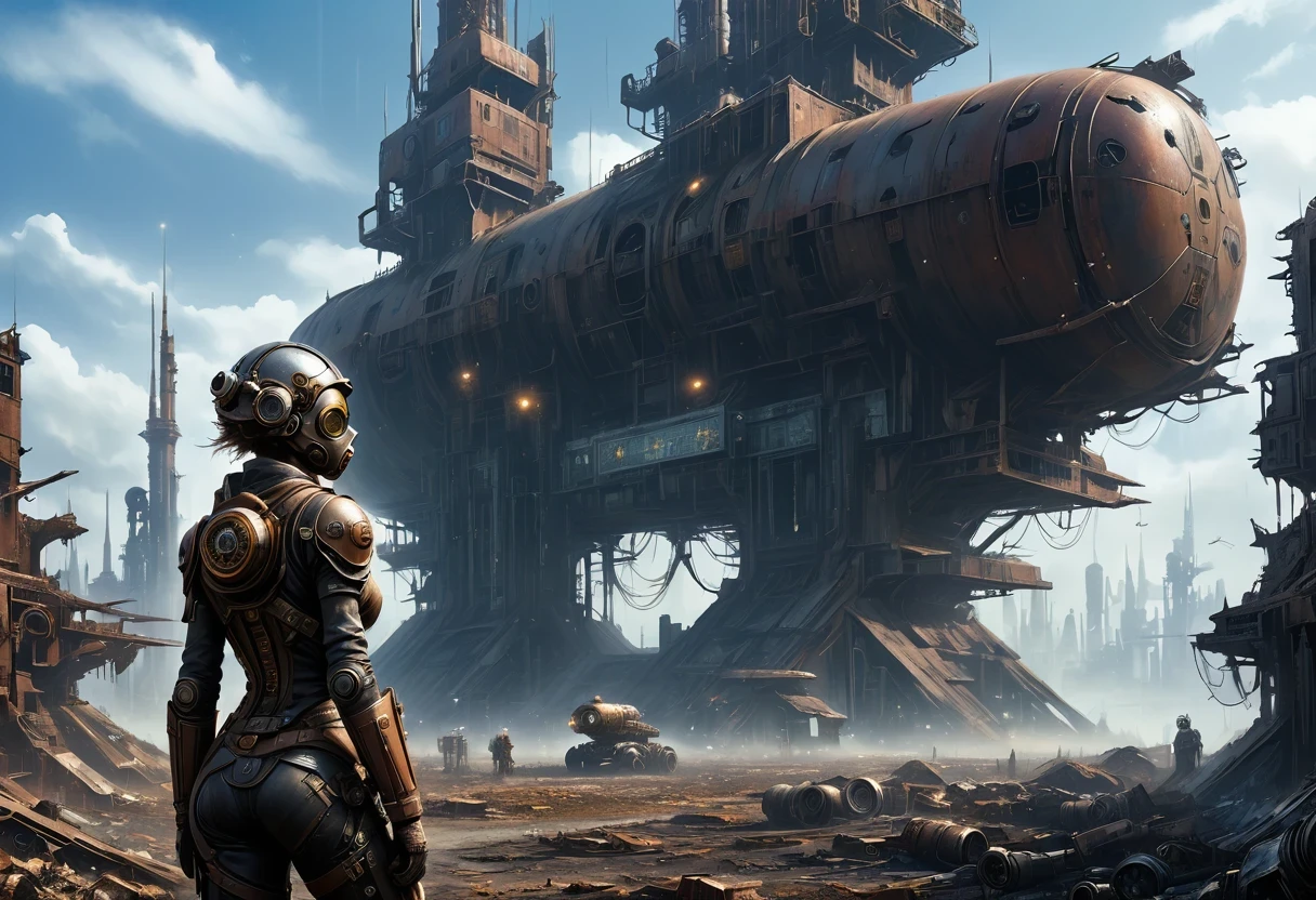 Future cyberpunk mechanical girl wearing a future gas mask walking through the destroyed future city,Silver Mechanical Girl,Mechanical joints,There are many rusty structures in the air,Destroyed large radar,Abandoned space station base, scenic Dystopian environment, Dystopian environment, Industrial science fiction, Industrial science fiction, Industrial science fiction, Steampunk space station base background, Dystopian digital concept art, Steampunk city, post-apocalyptic factory, Steampunk ruins of the future, Industrial science fiction, Steampunk concept art, Dystopian alien landscape, In a steampunk cityscape, Dystopian Landscape